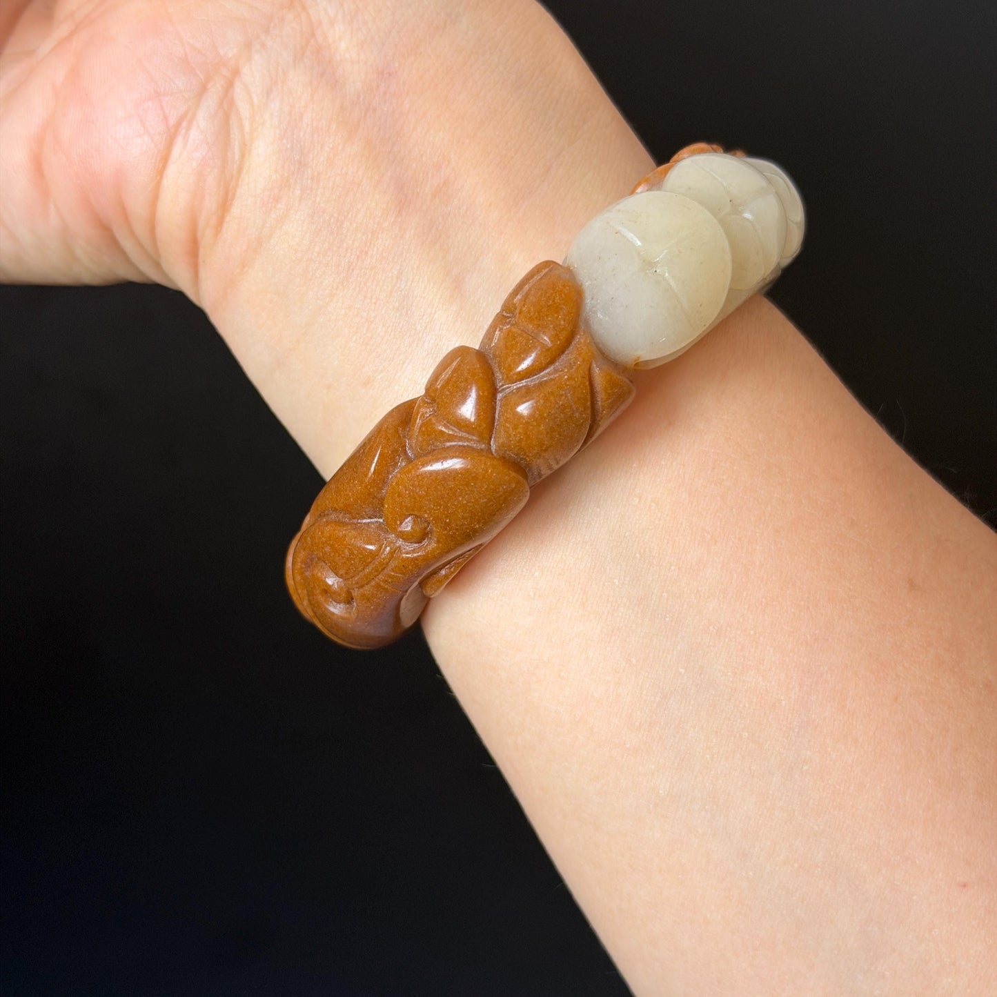54.3mm SheTaiCui Jade (Quartzite) Hand Carved Goldfish with Coins & Ruyi Bangle:  Natural Bi-color Brown & White Stone Bracelet | Wealth & Good Luck | 3D stone carving Jade carving brown jade white jade animals carving fish lover gift hand engraved bracelet handcrafted bangle untreated jade goldfish carving