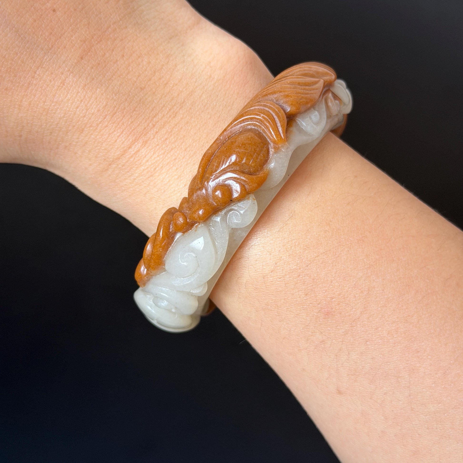 54.3mm SheTaiCui Jade (Quartzite) Hand Carved Goldfish with Coins & Ruyi Bangle:  Natural Bi-color Brown & White Stone Bracelet | Wealth & Good Luck | 3D stone carving Jade carving brown jade white jade animals carving fish lover gift hand engraved bracelet handcrafted bangle untreated jade goldfish carving