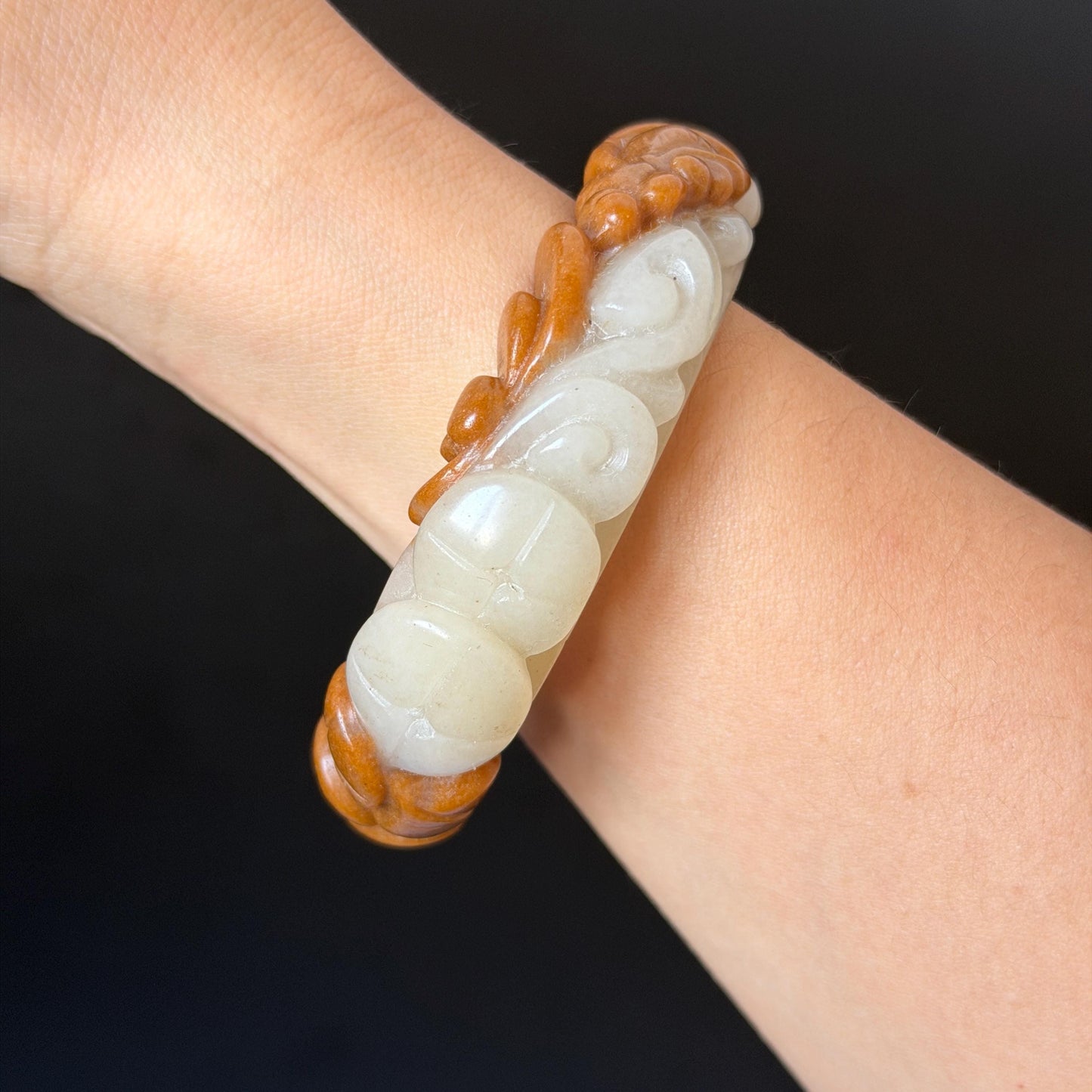 54.3mm SheTaiCui Jade (Quartzite) Hand Carved Goldfish with Coins & Ruyi Bangle:  Natural Bi-color Brown & White Stone Bracelet | Wealth & Good Luck | 3D stone carving Jade carving brown jade white jade animals carving fish lover gift hand engraved bracelet handcrafted bangle untreated jade goldfish carving