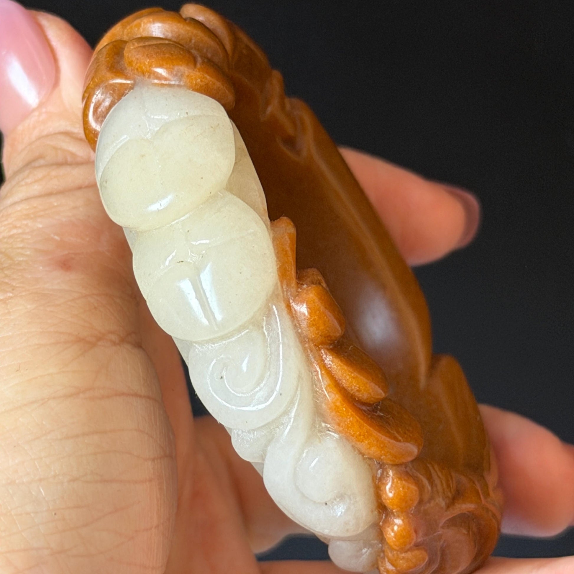 54.3mm SheTaiCui Jade (Quartzite) Hand Carved Goldfish with Coins & Ruyi Bangle:  Natural Bi-color Brown & White Stone Bracelet | Wealth & Good Luck | 3D stone carving Jade carving brown jade white jade animals carving fish lover gift hand engraved bracelet handcrafted bangle untreated jade goldfish carving