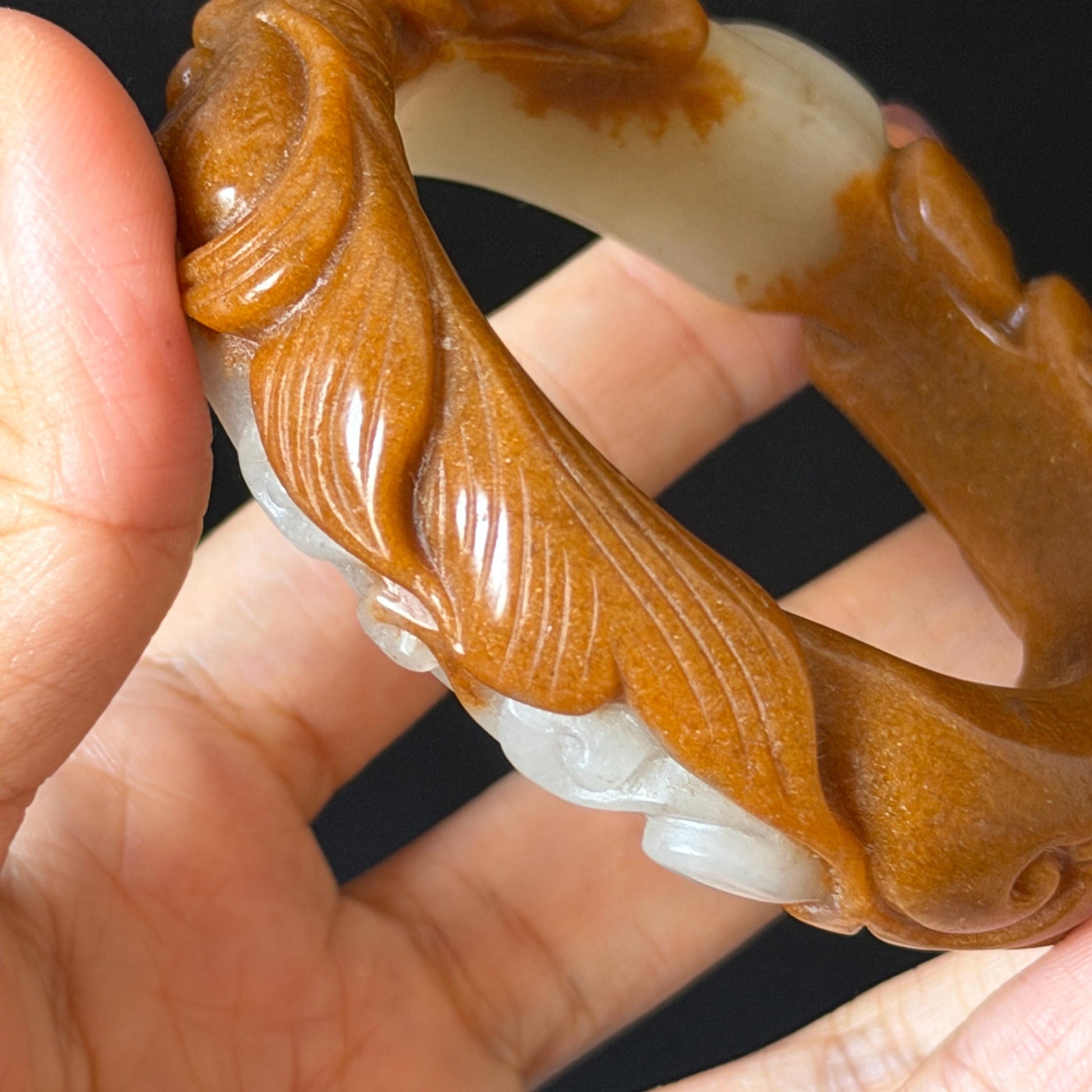 54.3mm SheTaiCui Jade (Quartzite) Hand Carved Goldfish with Coins & Ruyi Bangle:  Natural Bi-color Brown & White Stone Bracelet | Wealth & Good Luck | 3D stone carving Jade carving brown jade white jade animals carving fish lover gift hand engraved bracelet handcrafted bangle untreated jade goldfish carving