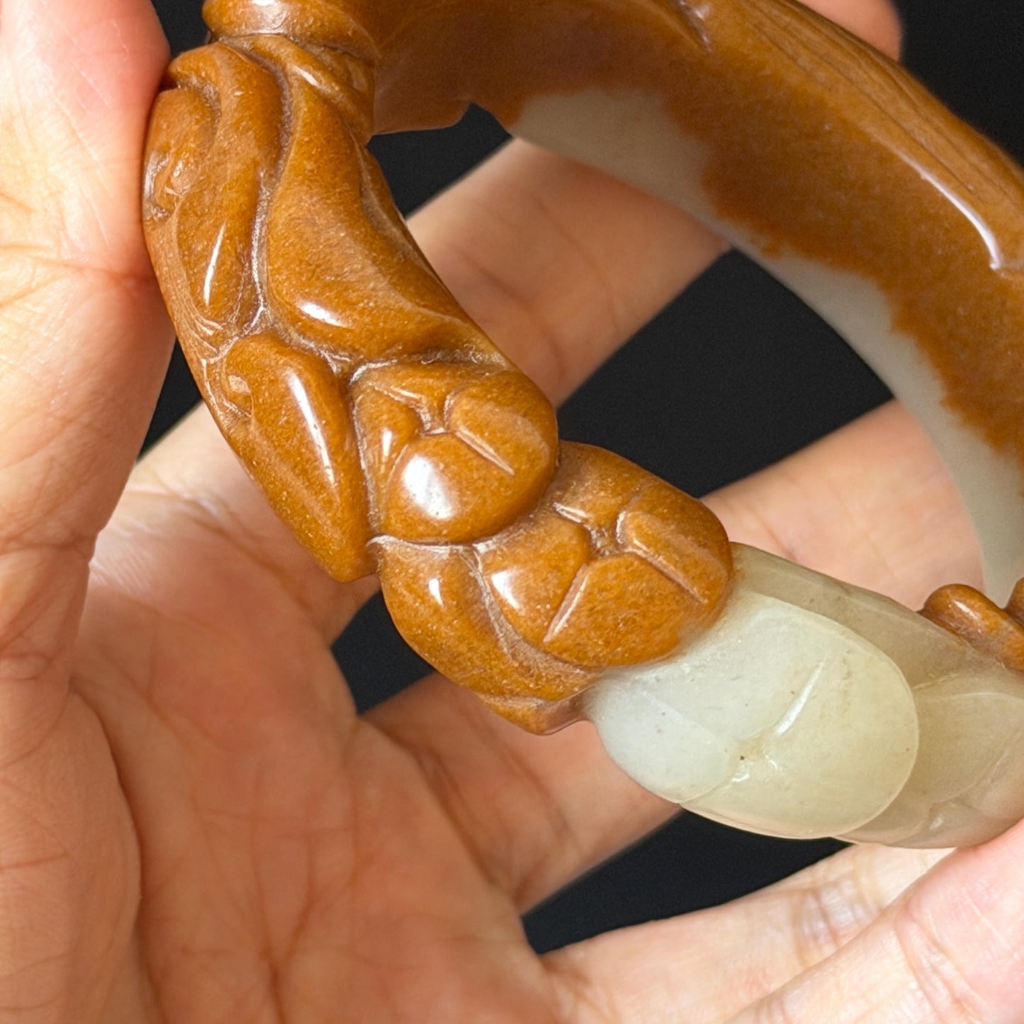 54.3mm SheTaiCui Jade (Quartzite) Hand Carved Goldfish with Coins & Ruyi Bangle:  Natural Bi-color Brown & White Stone Bracelet | Wealth & Good Luck | 3D stone carving Jade carving brown jade white jade animals carving fish lover gift hand engraved bracelet handcrafted bangle untreated jade goldfish carving