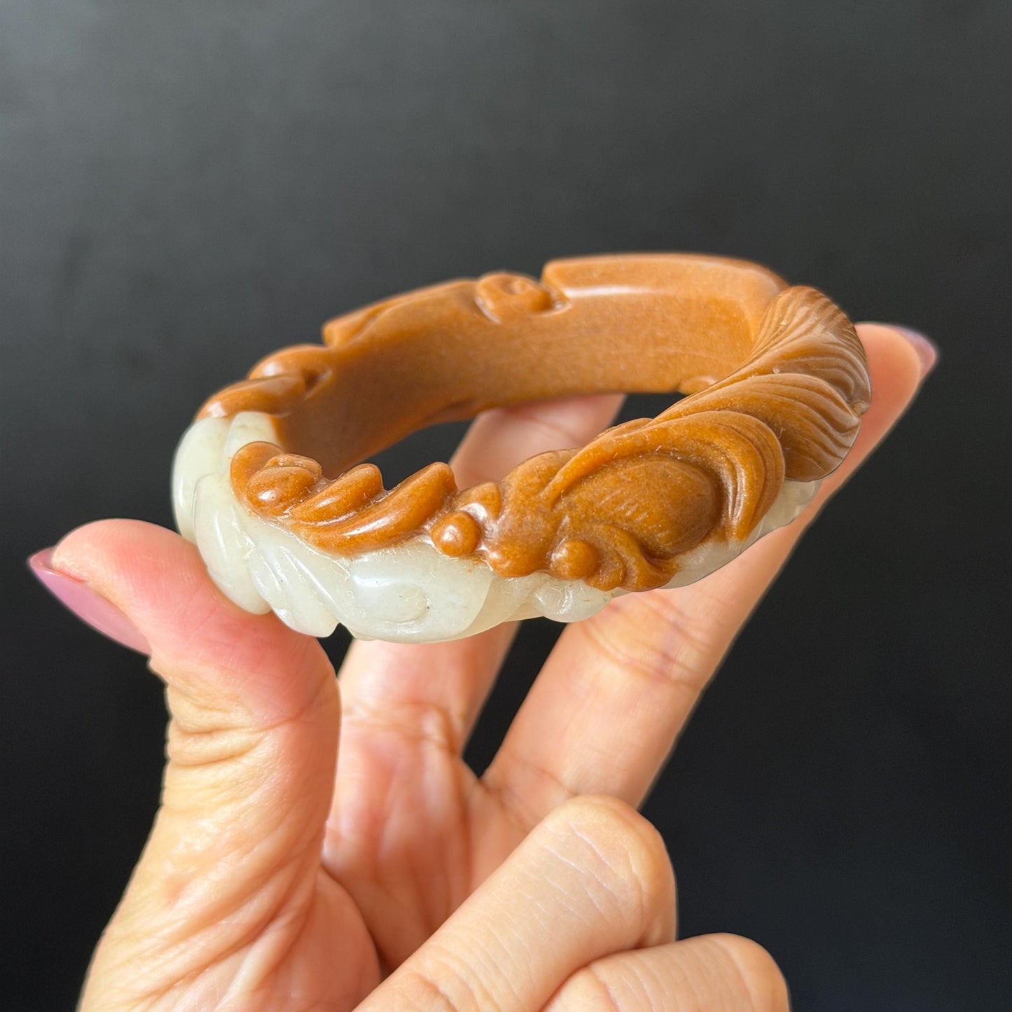 54.3mm SheTaiCui Jade (Quartzite) Hand Carved Goldfish with Coins & Ruyi Bangle: Natural Bi-color Brown and White Stone Good Luck Bracelet