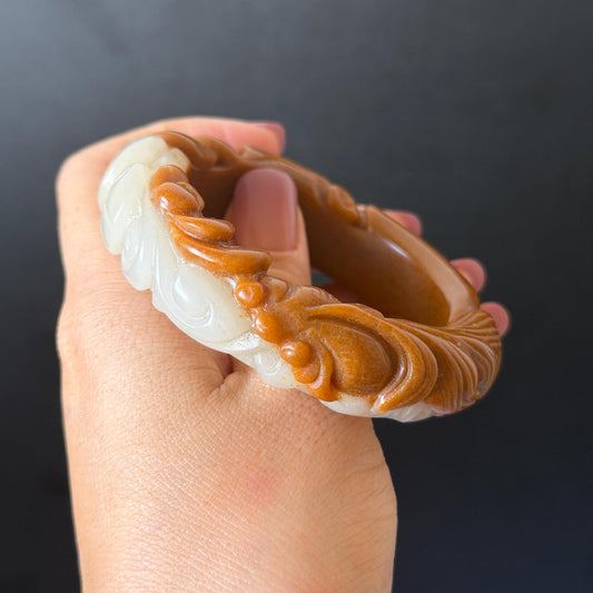 54.3mm SheTaiCui Jade (Quartzite) Hand Carved Goldfish with Coins & Ruyi Bangle:  Natural Bi-color Brown & White Stone Bracelet | Wealth & Good Luck | 3D stone carving Jade carving brown jade white jade animals carving fish lover gift hand engraved bracelet handcrafted bangle untreated jade goldfish carving