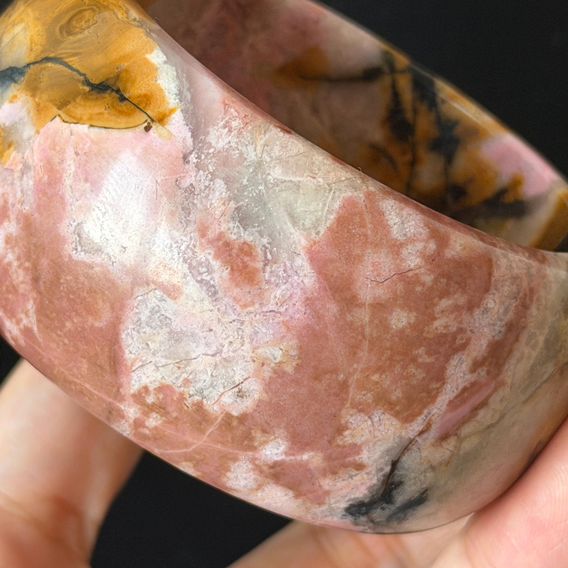 57.1mm Rhodonite Stone Bangle: Golden Fish and Maple forest Scenery Bracelet | Natural Gold Yellow & Baby Pink Healing Stone Gift for her rhodonite bangle pink rhodonite bracelet pink crystal bracelet pink stone bangle pink gemstone bracelet golden crystal wide bangle healing crystal love stone meditative crystal heart chakra crystal vintage bangle gemstone bangle dragon bangle dragon bracelet brown bangle flower crystal flower lover gift women bangle fish lover gift Golden Arowana maple leaves