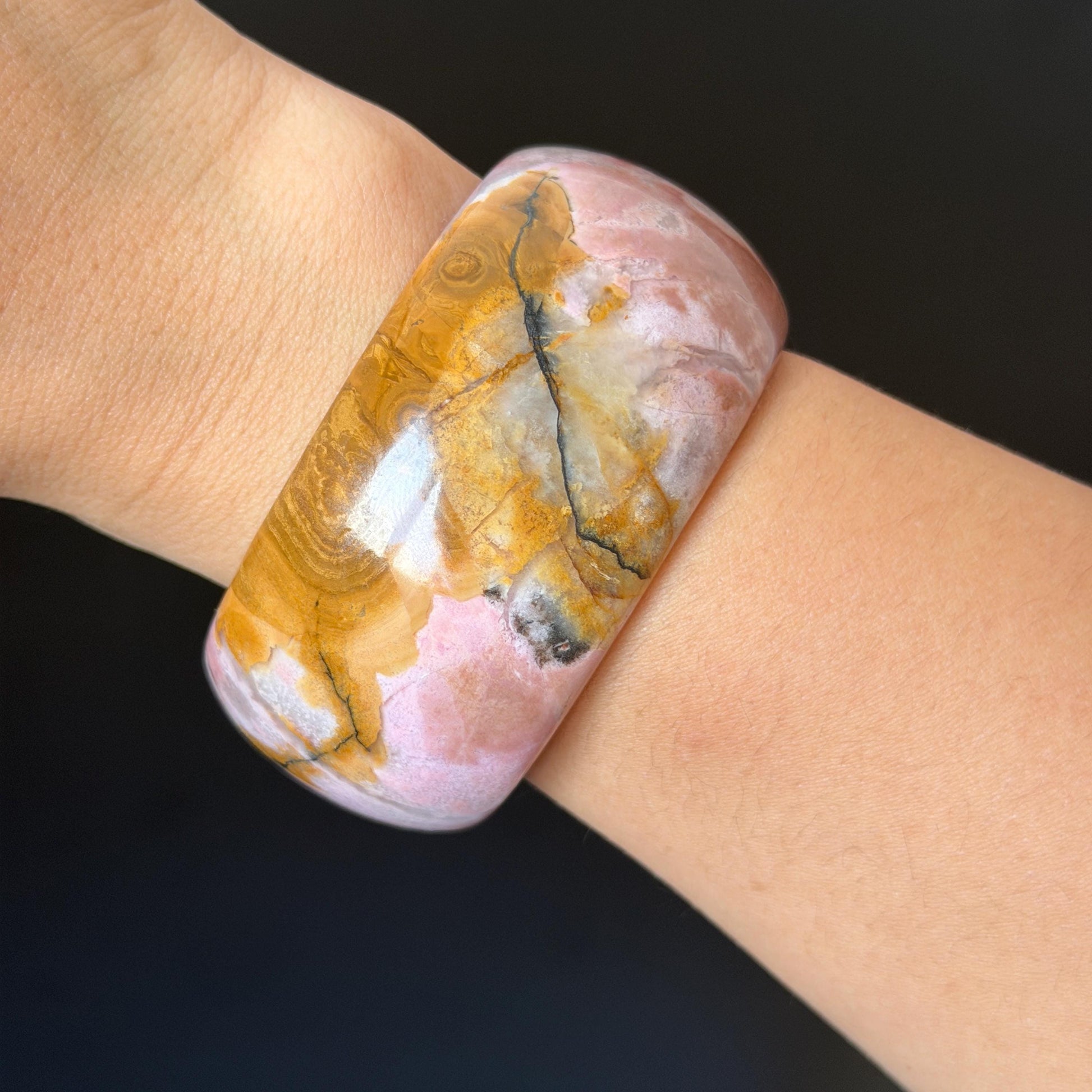 57.1mm Rhodonite Stone Bangle: Golden Fish and Maple forest Scenery Bracelet | Natural Gold Yellow & Baby Pink Healing Stone Gift for her rhodonite bangle pink rhodonite bracelet pink crystal bracelet pink stone bangle pink gemstone bracelet golden crystal wide bangle healing crystal love stone meditative crystal heart chakra crystal vintage bangle gemstone bangle dragon bangle dragon bracelet brown bangle flower crystal flower lover gift women bangle fish lover gift Golden Arowana maple leaves