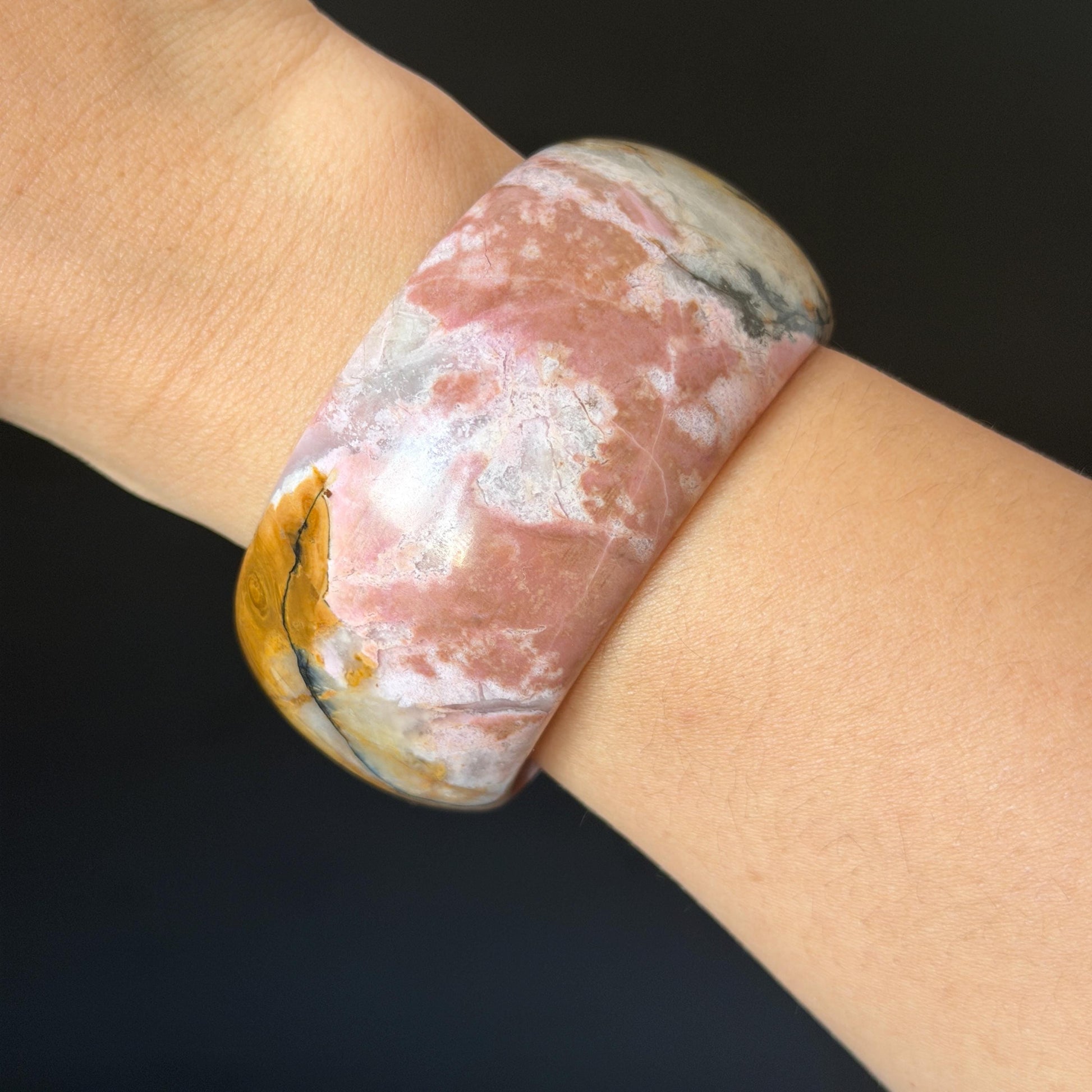 57.1mm Rhodonite Stone Bangle: Golden Fish and Maple forest Scenery Bracelet | Natural Gold Yellow & Baby Pink Healing Stone Gift for her rhodonite bangle pink rhodonite bracelet pink crystal bracelet pink stone bangle pink gemstone bracelet golden crystal wide bangle healing crystal love stone meditative crystal heart chakra crystal vintage bangle gemstone bangle dragon bangle dragon bracelet brown bangle flower crystal flower lover gift women bangle fish lover gift Golden Arowana maple leaves