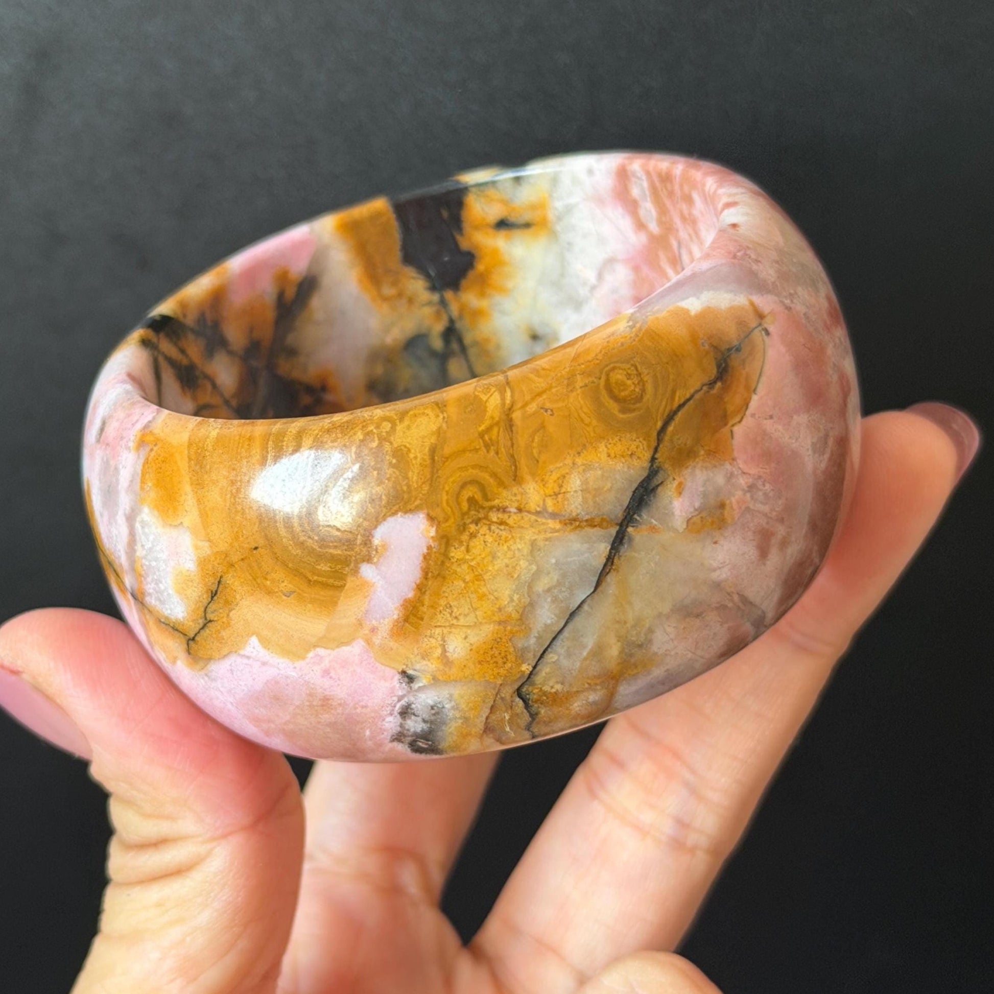 57.1mm Rhodonite Stone Bangle: Golden Fish and Maple forest Scenery Bracelet | Natural Gold Yellow & Baby Pink Healing Stone Gift for her rhodonite bangle pink rhodonite bracelet pink crystal bracelet pink stone bangle pink gemstone bracelet golden crystal wide bangle healing crystal love stone meditative crystal heart chakra crystal vintage bangle gemstone bangle dragon bangle dragon bracelet brown bangle flower crystal flower lover gift women bangle fish lover gift Golden Arowana maple leaves