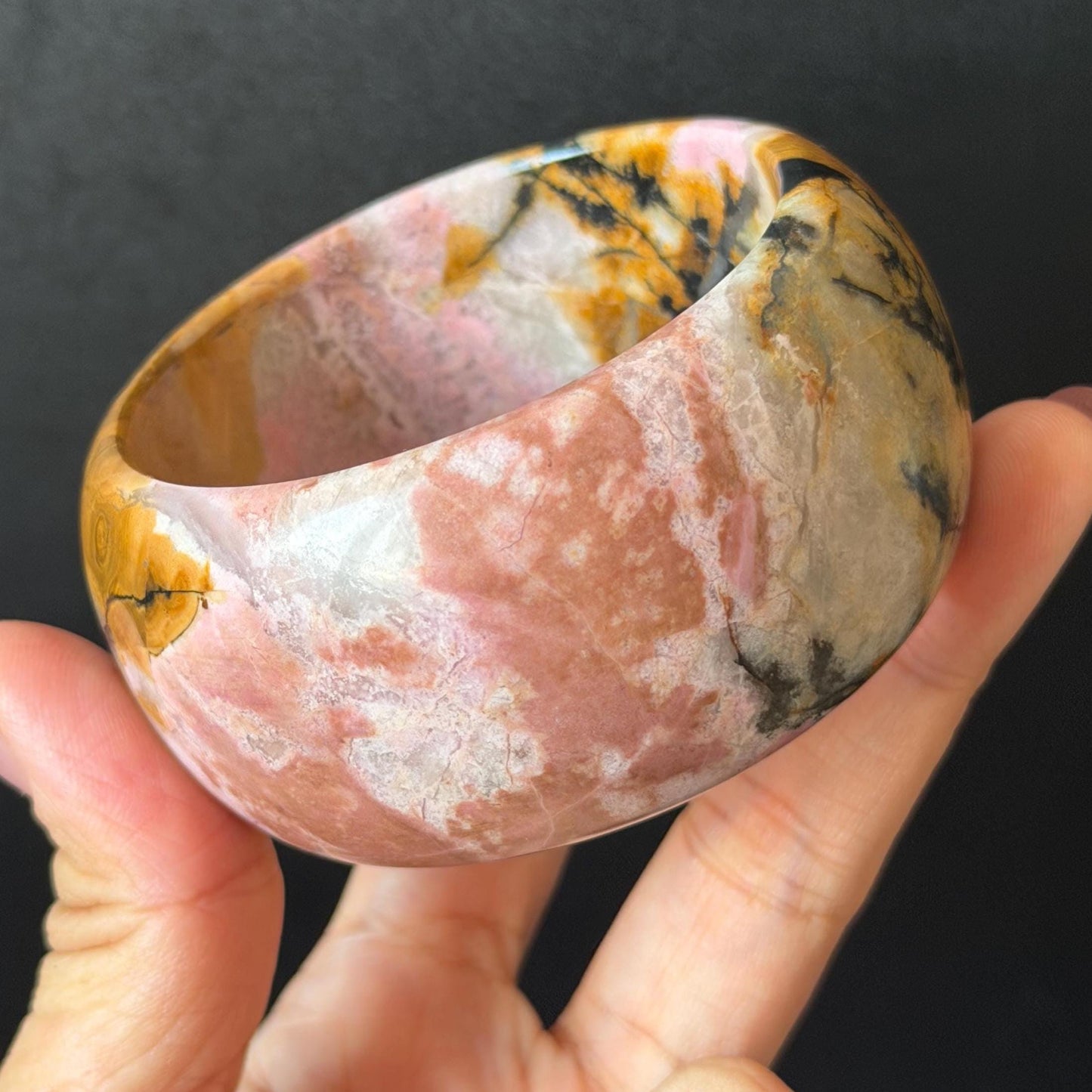 57.1mm Rhodonite Stone Bangle: Golden Fish and Maple forest Scenery Bracelet | Natural Gold Yellow & Baby Pink Healing Stone Gift for her rhodonite bangle pink rhodonite bracelet pink crystal bracelet pink stone bangle pink gemstone bracelet golden crystal wide bangle healing crystal love stone meditative crystal heart chakra crystal vintage bangle gemstone bangle dragon bangle dragon bracelet brown bangle flower crystal flower lover gift women bangle fish lover gift Golden Arowana maple leaves