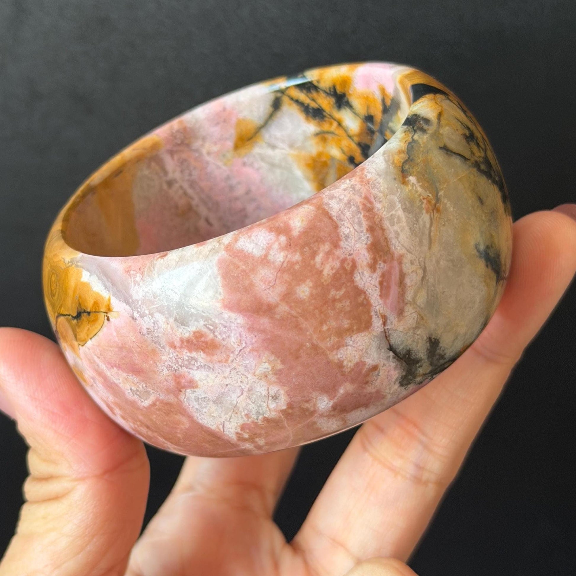 57.1mm Rhodonite Stone Bangle: Golden Fish and Maple forest Scenery Bracelet | Natural Gold Yellow & Baby Pink Healing Stone Gift for her rhodonite bangle pink rhodonite bracelet pink crystal bracelet pink stone bangle pink gemstone bracelet golden crystal wide bangle healing crystal love stone meditative crystal heart chakra crystal vintage bangle gemstone bangle dragon bangle dragon bracelet brown bangle flower crystal flower lover gift women bangle fish lover gift Golden Arowana maple leaves
