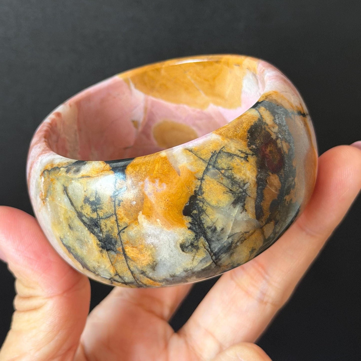 57.1mm Rhodonite Stone Bangle: Golden Fish and Maple forest Scenery Bracelet | Natural Gold Yellow & Baby Pink Healing Stone Gift for her rhodonite bangle pink rhodonite bracelet pink crystal bracelet pink stone bangle pink gemstone bracelet golden crystal wide bangle healing crystal love stone meditative crystal heart chakra crystal vintage bangle gemstone bangle dragon bangle dragon bracelet brown bangle flower crystal flower lover gift women bangle fish lover gift Golden Arowana maple leaves