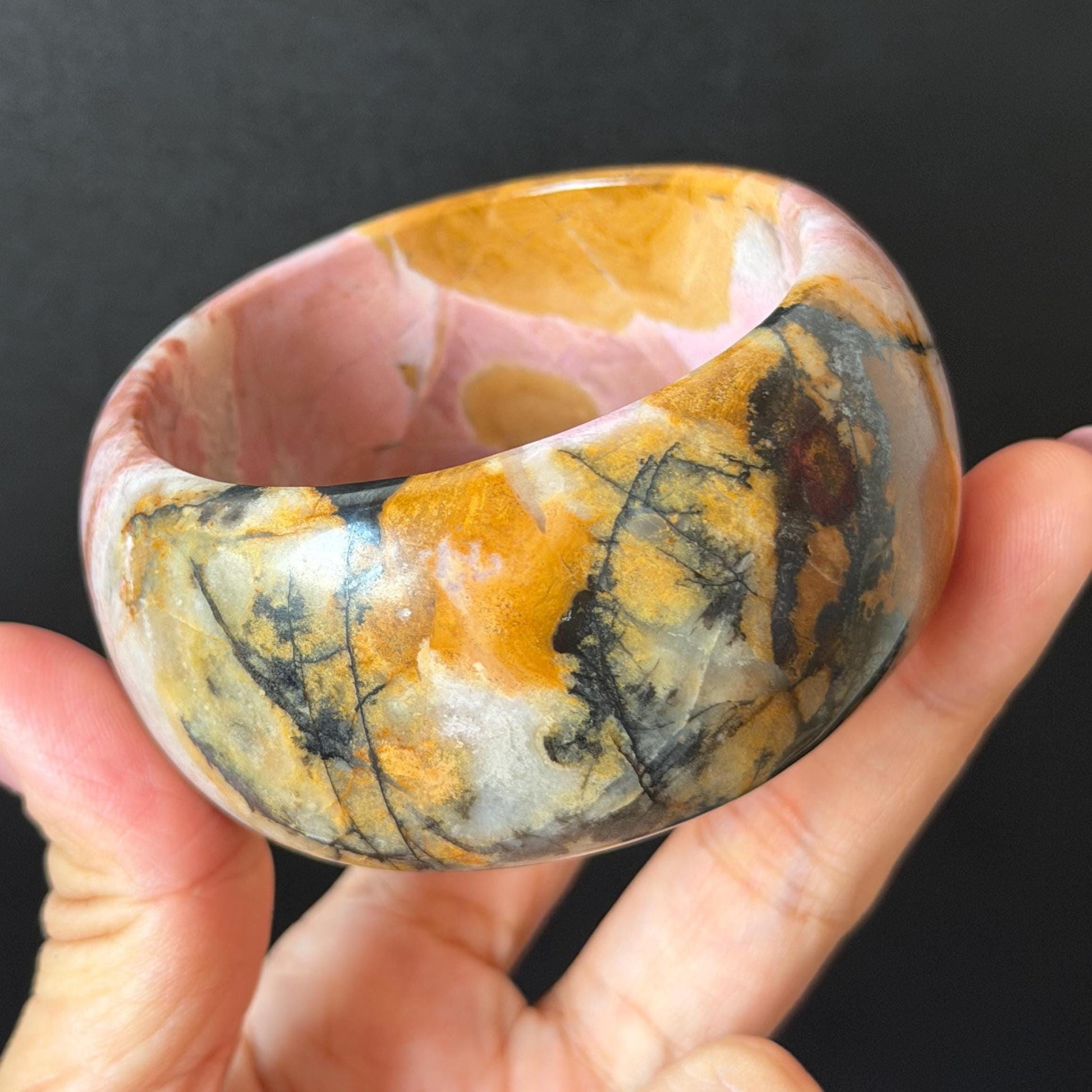 57.1mm Rhodonite Stone Bangle: Golden Fish and Maple forest Scenery Bracelet | Natural Gold Yellow & Baby Pink Healing Stone Gift for her rhodonite bangle pink rhodonite bracelet pink crystal bracelet pink stone bangle pink gemstone bracelet golden crystal wide bangle healing crystal love stone meditative crystal heart chakra crystal vintage bangle gemstone bangle dragon bangle dragon bracelet brown bangle flower crystal flower lover gift women bangle fish lover gift Golden Arowana maple leaves