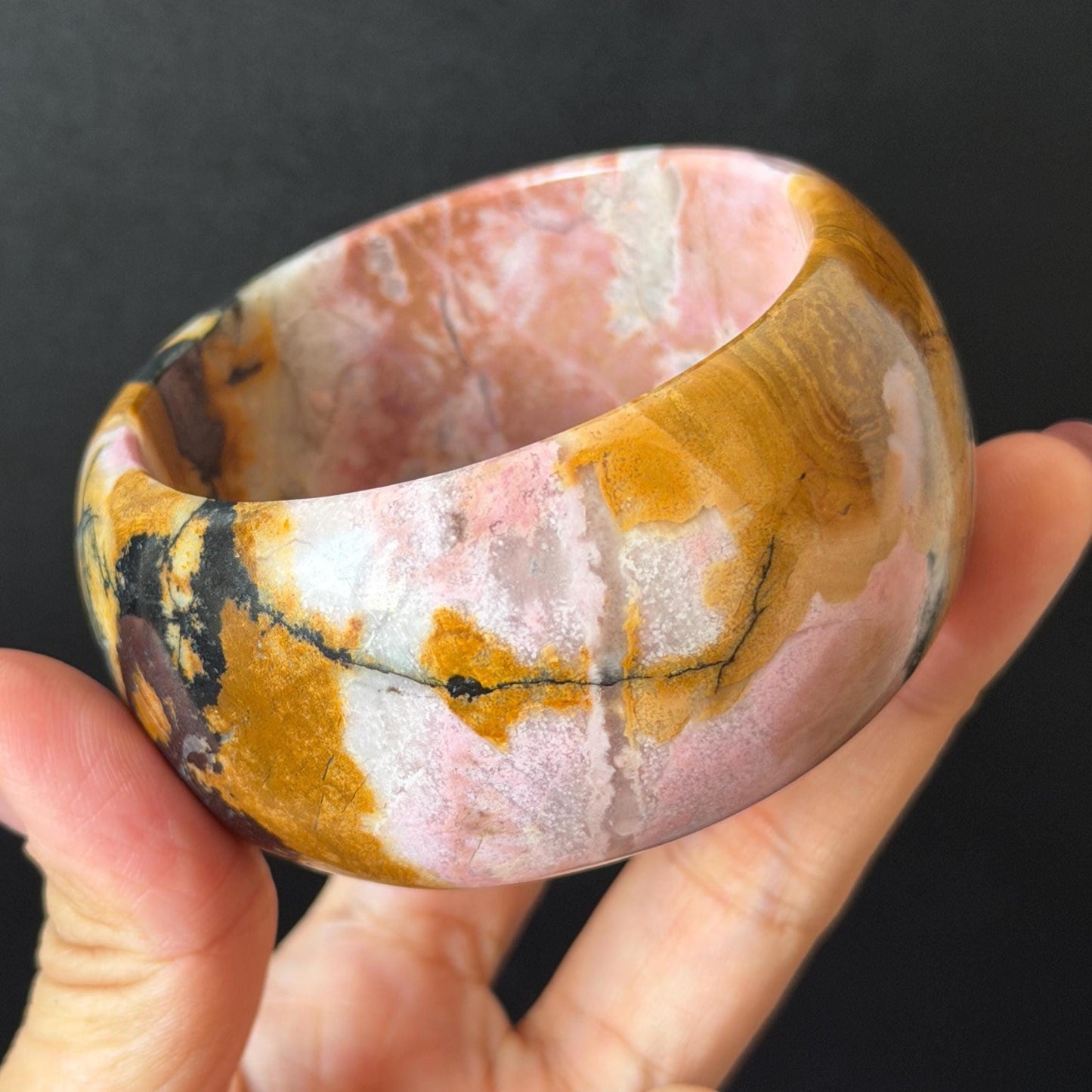 57.1mm Rhodonite Stone Bangle: Golden Fish and Maple forest Scenery Bracelet | Natural Gold Yellow & Baby Pink Healing Stone Gift for her rhodonite bangle pink rhodonite bracelet pink crystal bracelet pink stone bangle pink gemstone bracelet golden crystal wide bangle healing crystal love stone meditative crystal heart chakra crystal vintage bangle gemstone bangle dragon bangle dragon bracelet brown bangle flower crystal flower lover gift women bangle fish lover gift Golden Arowana maple leaves