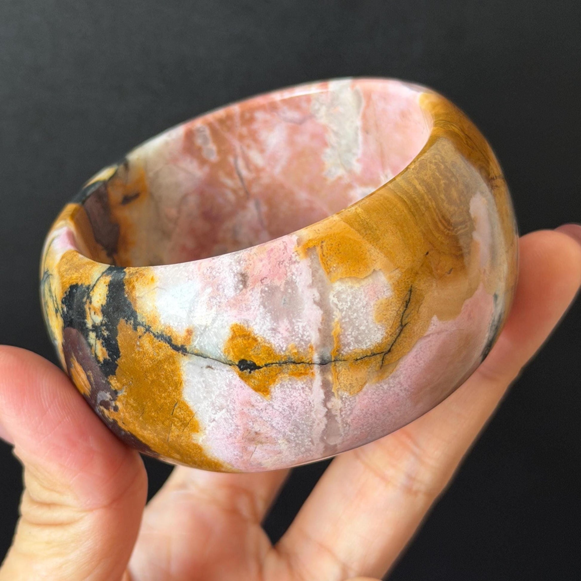 57.1mm Rhodonite Stone Bangle: Golden Fish and Maple forest Scenery Bracelet | Natural Gold Yellow & Baby Pink Healing Stone Gift for her rhodonite bangle pink rhodonite bracelet pink crystal bracelet pink stone bangle pink gemstone bracelet golden crystal wide bangle healing crystal love stone meditative crystal heart chakra crystal vintage bangle gemstone bangle dragon bangle dragon bracelet brown bangle flower crystal flower lover gift women bangle fish lover gift Golden Arowana maple leaves