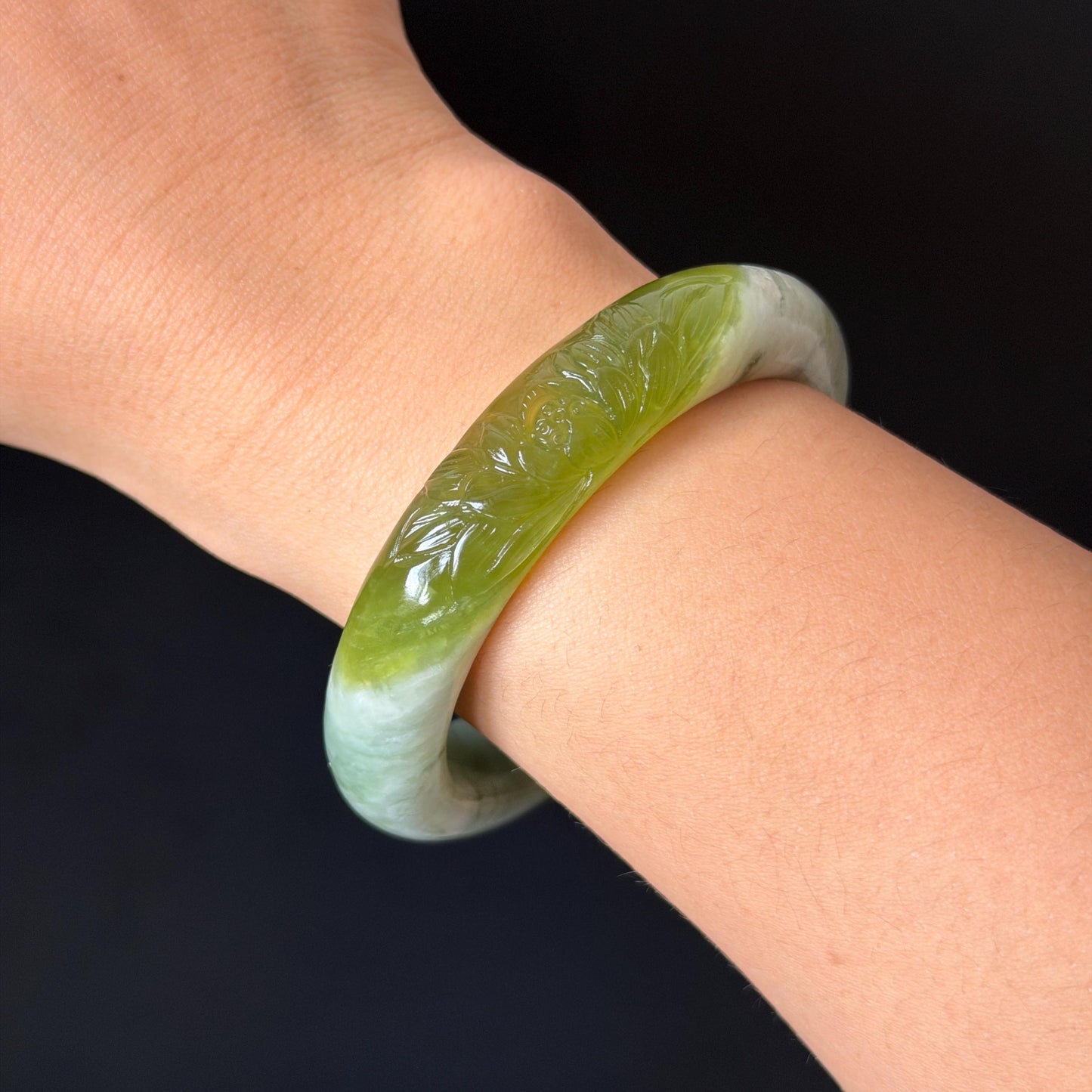 55.3mm Xiu Jade Serpentine Hand Carved Lotus Flowers Bangle: Natural White Green Jade Handcrafted Bracelet, Stone Carving Gemstone Jewelry  Gift for her wide jade bangle jade carving hand engraved stone carving natural untreated jade bracelet white jade green jade handcrafted jade lotus carving flower carving chinese jade vintage bangle antique bracelet sesame bracelet multi colour jade mother day gift green tea latte