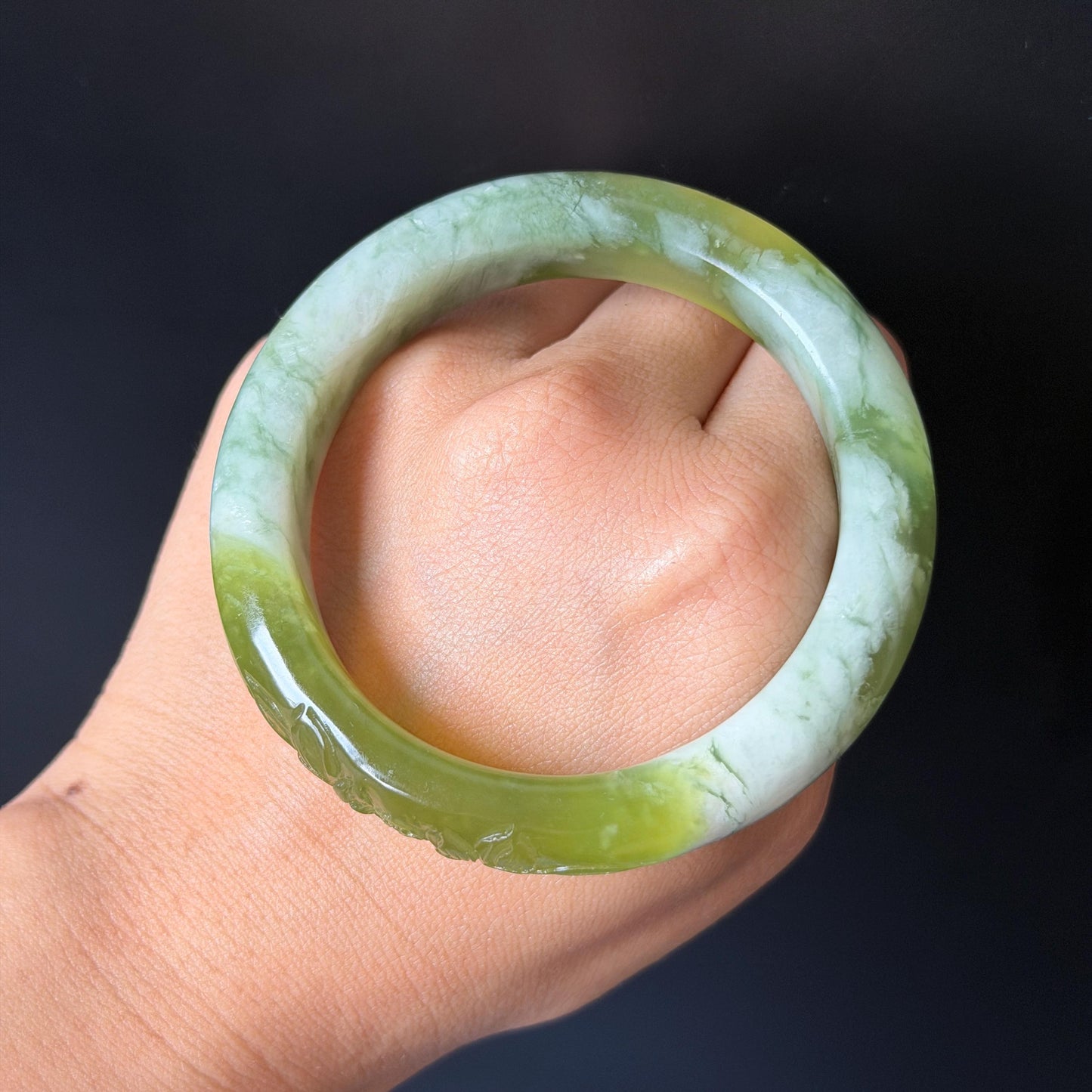 55.3mm Xiu Jade Serpentine Hand Carved Lotus Flowers Bangle: Natural White Green Jade Handcrafted Bracelet, Stone Carving Gemstone Jewelry  Gift for her wide jade bangle jade carving hand engraved stone carving natural untreated jade bracelet white jade green jade handcrafted jade lotus carving flower carving chinese jade vintage bangle antique bracelet sesame bracelet multi colour jade mother day gift green tea latte