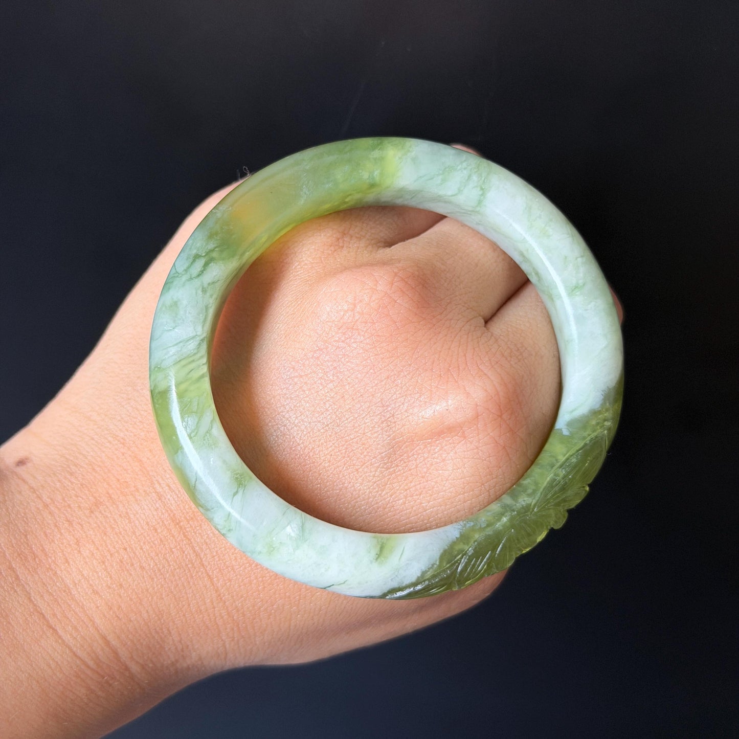 55.3mm Xiu Jade Serpentine Hand Carved Lotus Flowers Bangle: Natural White Green Jade Handcrafted Bracelet, Stone Carving Gemstone Jewelry  Gift for her wide jade bangle jade carving hand engraved stone carving natural untreated jade bracelet white jade green jade handcrafted jade lotus carving flower carving chinese jade vintage bangle antique bracelet sesame bracelet multi colour jade mother day gift green tea latte
