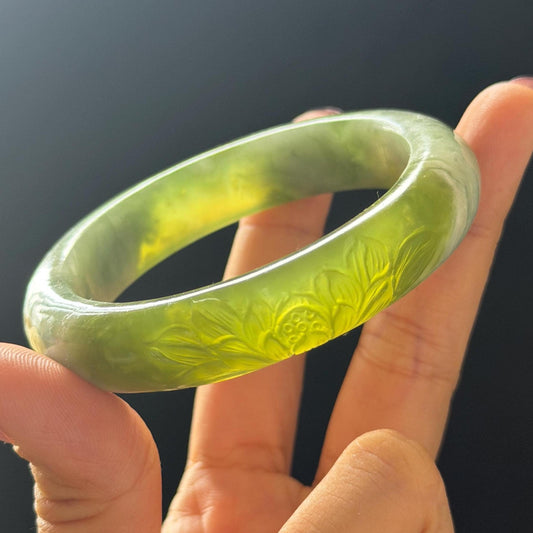 55.3mm Xiu Jade Serpentine Hand Carved Lotus Flowers Bangle: Natural White Green Jade Handcrafted Bracelet, Stone Carving Gemstone Jewelry  Gift for her wide jade bangle jade carving hand engraved stone carving natural untreated jade bracelet white jade green jade handcrafted jade lotus carving flower carving chinese jade vintage bangle antique bracelet sesame bracelet multi colour jade mother day gift green tea latte