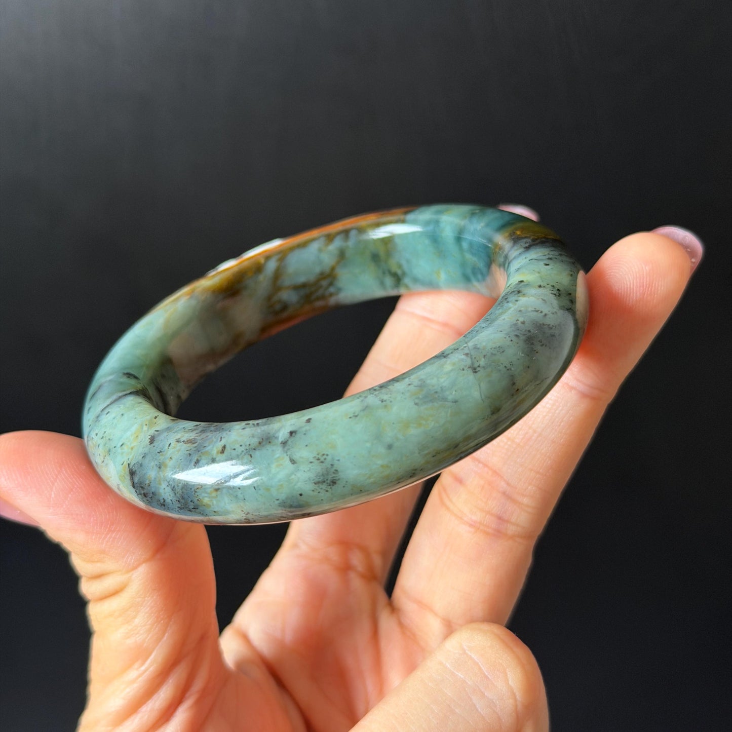 54.8mm Xiu Jade Serpentine Hand Carved Lotus Flower Bangle: Natural Blue Brown White Jade Handcrafted Bracelet, Stone Carving Gemstone Jewelry  Gift for her wide jade bangle jade carving hand engraved stone carving natural untreated jade bracelet white jade brown jade brown blue jade handcrafted jade lotus carving flower carving chinese jade vintage bangle antique bracelet sesame bracelet multi colour jade multicolor jade mother day gift