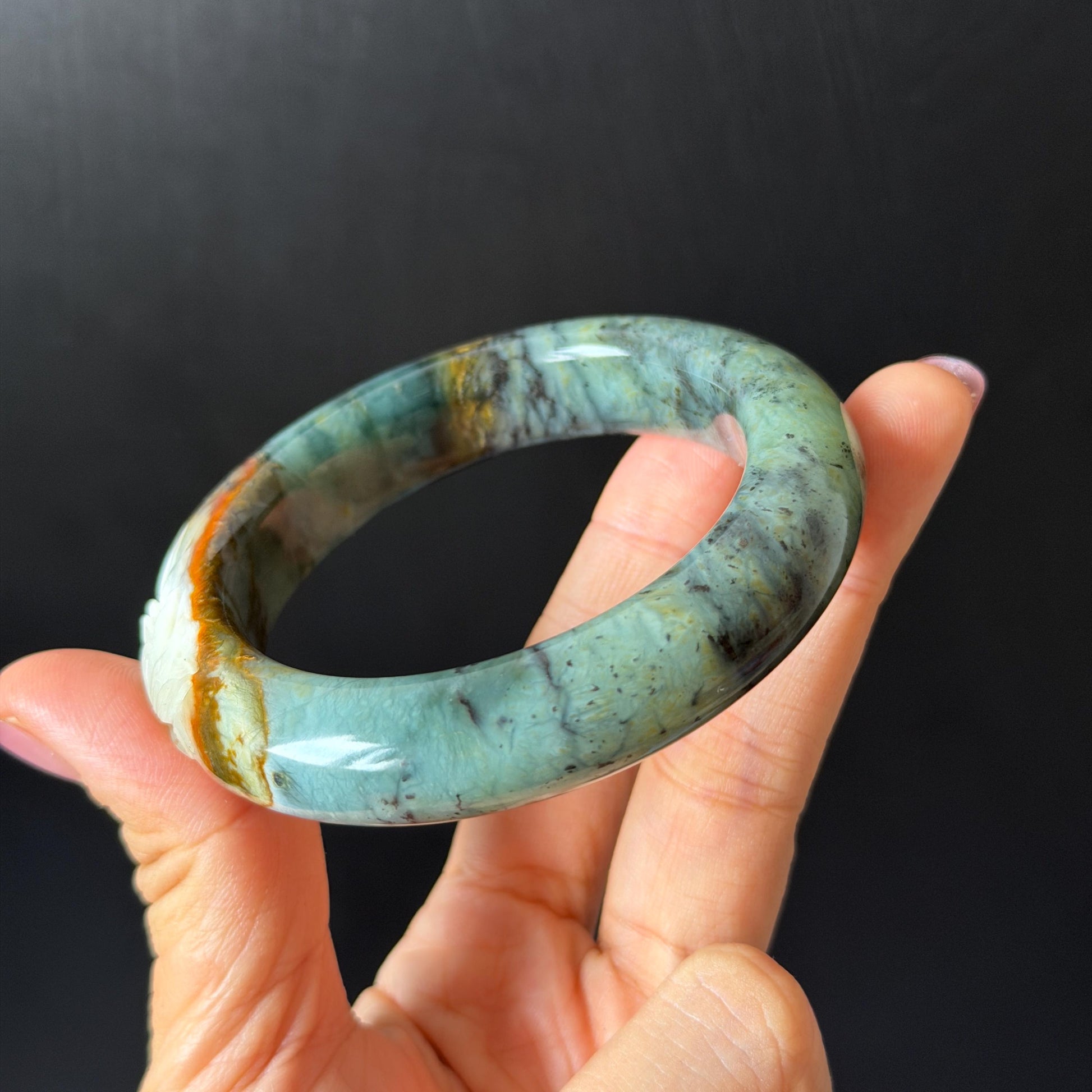 54.8mm Xiu Jade Serpentine Hand Carved Lotus Flower Bangle: Natural Blue Brown White Jade Handcrafted Bracelet, Stone Carving Gemstone Jewelry  Gift for her wide jade bangle jade carving hand engraved stone carving natural untreated jade bracelet white jade brown jade brown blue jade handcrafted jade lotus carving flower carving chinese jade vintage bangle antique bracelet sesame bracelet multi colour jade multicolor jade mother day gift