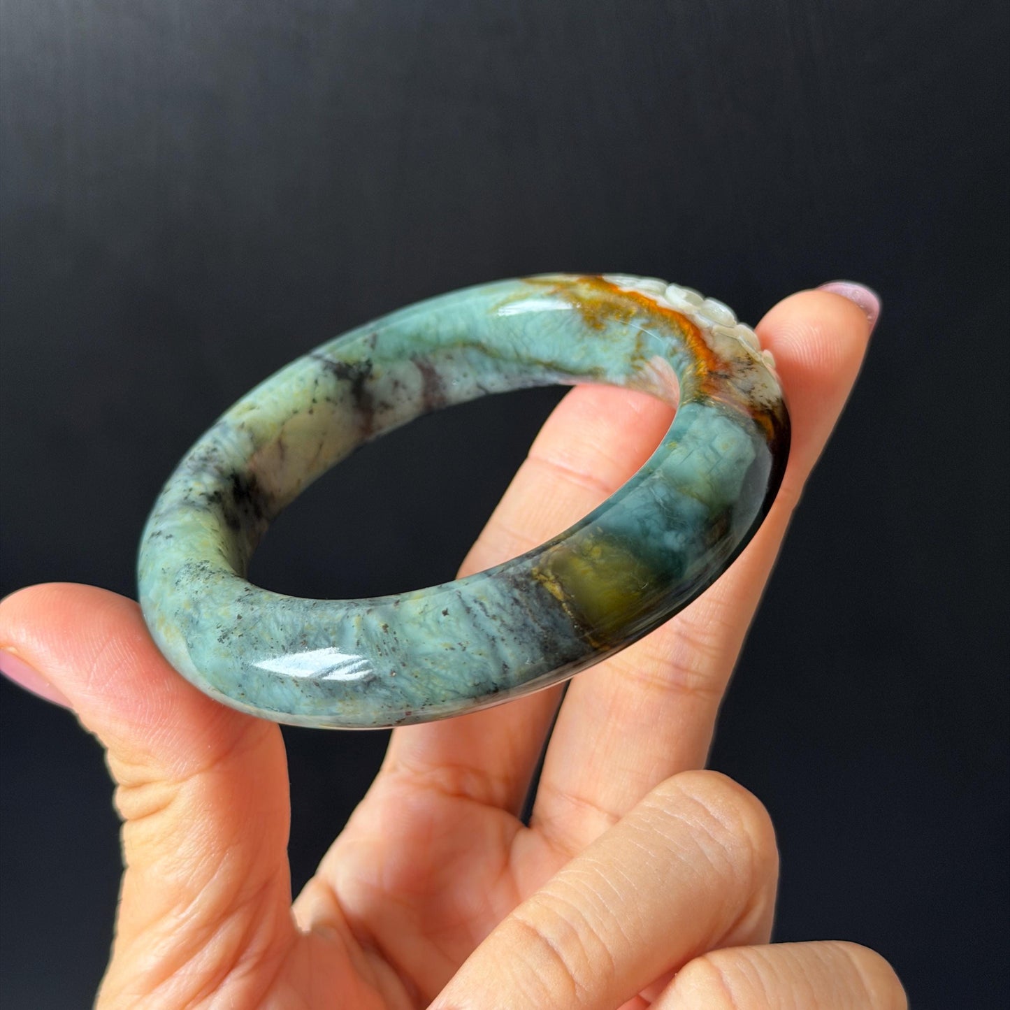 54.8mm Xiu Jade Serpentine Hand Carved Lotus Flower Bangle: Natural Blue Brown White Jade Handcrafted Bracelet, Stone Carving Gemstone Jewelry  Gift for her wide jade bangle jade carving hand engraved stone carving natural untreated jade bracelet white jade brown jade brown blue jade handcrafted jade lotus carving flower carving chinese jade vintage bangle antique bracelet sesame bracelet multi colour jade multicolor jade mother day gift
