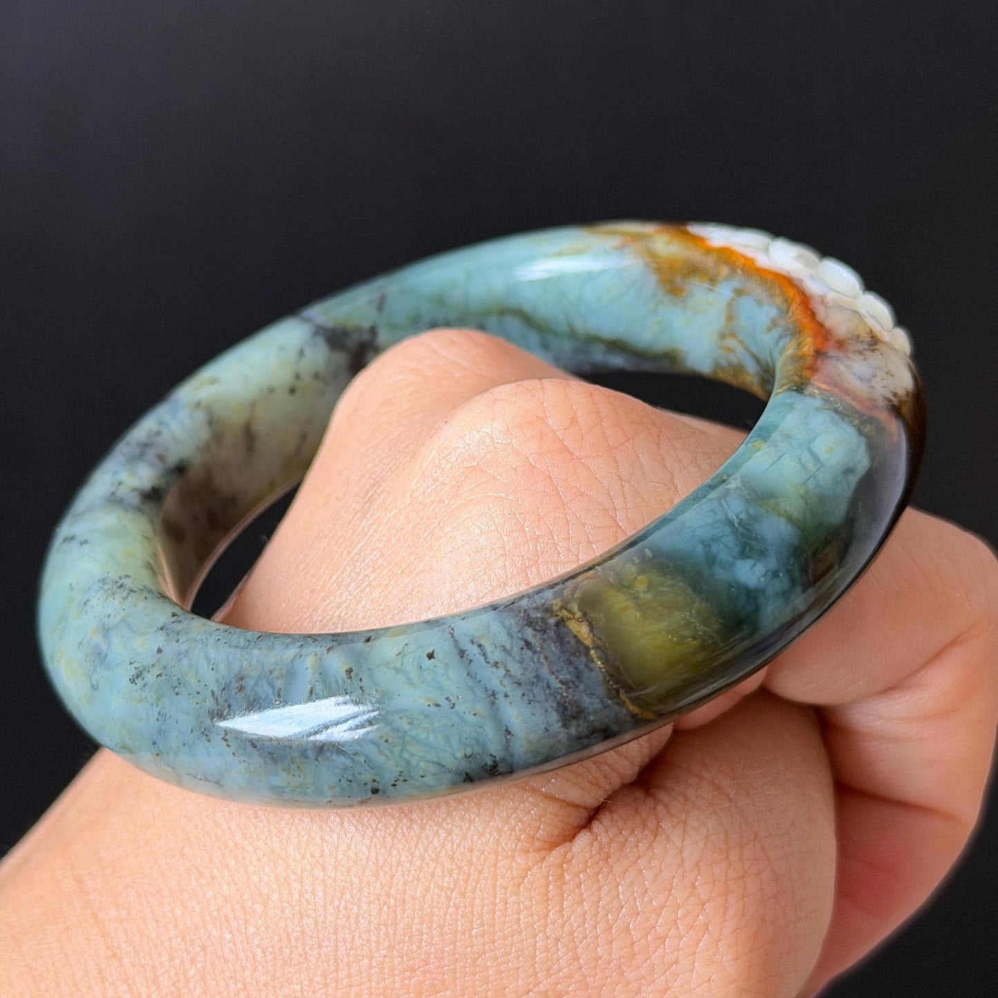 54.8mm Xiu Jade Serpentine Hand Carved Lotus Flower Bangle: Natural Blue Brown White Jade Handcrafted Bracelet, Stone Carving Gemstone Jewelry  Gift for her wide jade bangle jade carving hand engraved stone carving natural untreated jade bracelet white jade brown jade brown blue jade handcrafted jade lotus carving flower carving chinese jade vintage bangle antique bracelet sesame bracelet multi colour jade multicolor jade mother day gift