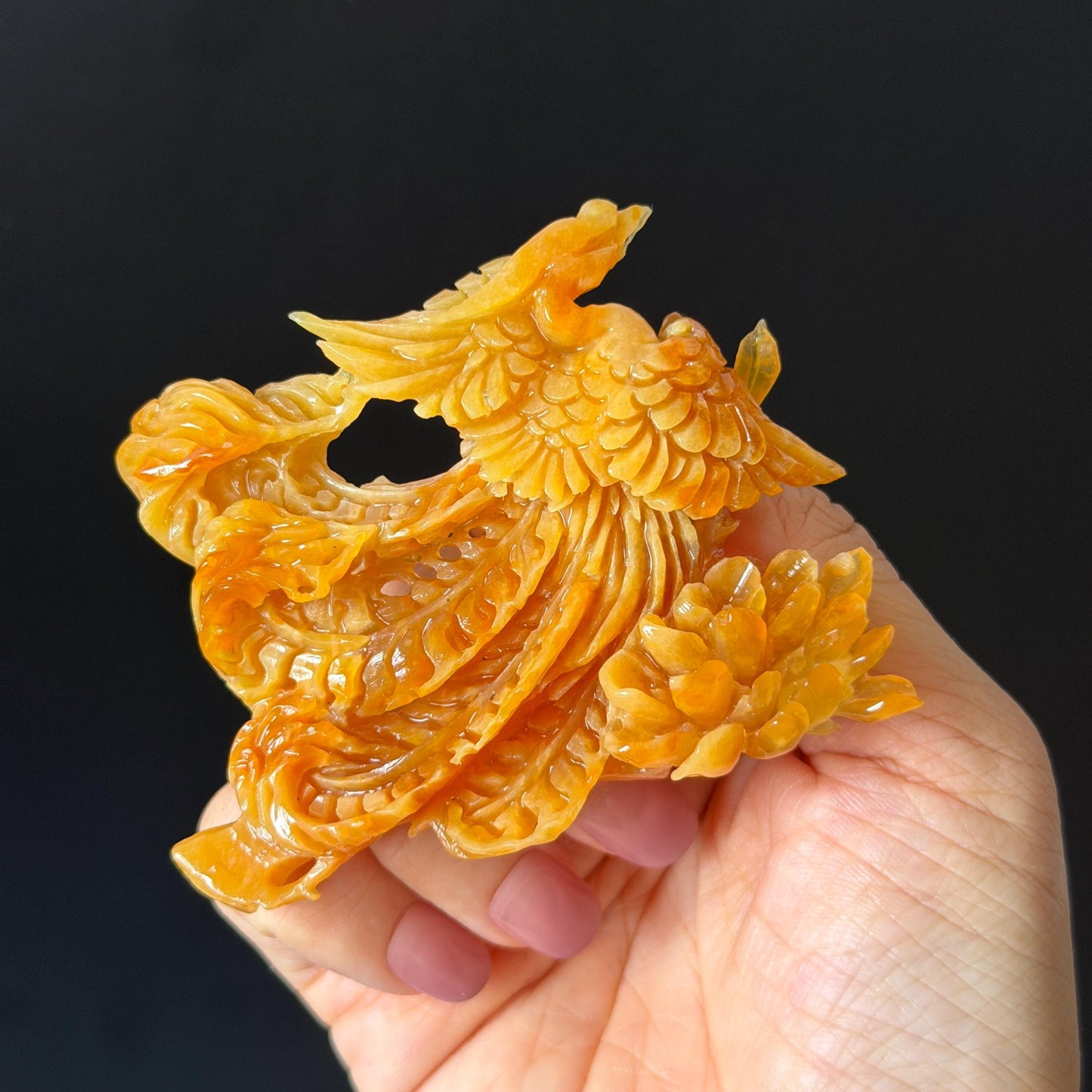 Xiu Jade (Serpentine) Hand Carved Fire Phoenix & Peony Hair Pin: Natural Certified Red Jade Hair Stick | Asian Chinese Vintage Style gift for her hand carved phoenix carving hand engraved phoenix hair stick phoenix carving red phoenix fire phoenix hair fork red jade yellow jade chinese jade with certificate rebirth transformation gift korean hair pin japanese hair stick hair fork hair comb hanfu hair stick peony carving with certificate handcrafted jade phoenix lover gift 3D stone carving