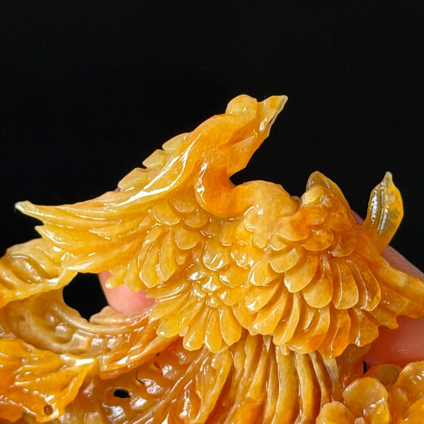 Xiu Jade (Serpentine) Hand Carved Fire Phoenix & Peony Hair Pin: Natural Certified Red Jade Hair Stick | Asian Chinese Vintage Style gift for her hand carved phoenix carving hand engraved phoenix hair stick phoenix carving red phoenix fire phoenix hair fork red jade yellow jade chinese jade with certificate rebirth transformation gift korean hair pin japanese hair stick hair fork hair comb hanfu hair stick peony carving with certificate handcrafted jade phoenix lover gift 3D stone carving