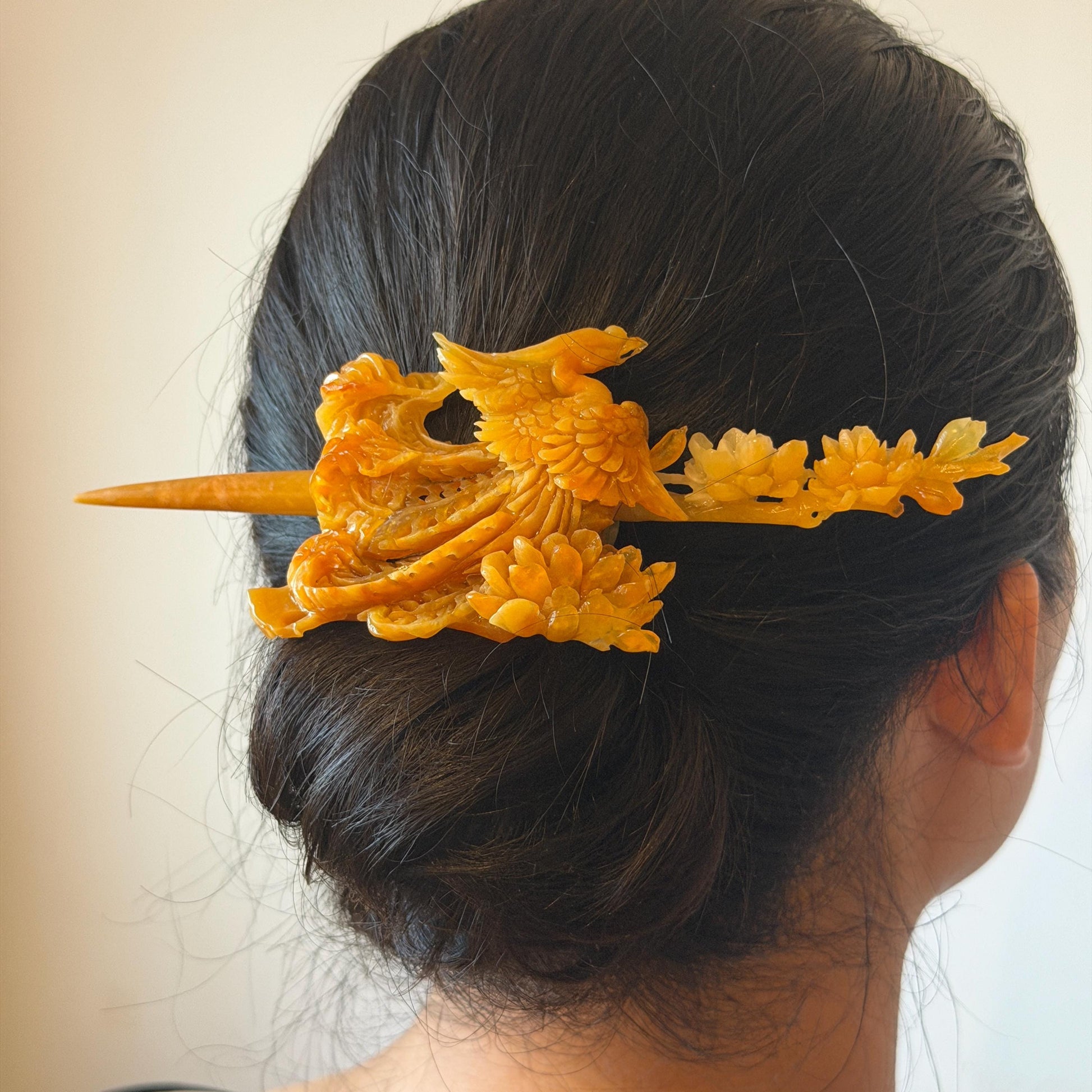 Xiu Jade (Serpentine) Hand Carved Fire Phoenix & Peony Hair Pin: Natural Certified Red Jade Hair Stick | Asian Chinese Vintage Style gift for her hand carved phoenix carving hand engraved phoenix hair stick phoenix carving red phoenix fire phoenix hair fork red jade yellow jade chinese jade with certificate rebirth transformation gift korean hair pin japanese hair stick hair fork hair comb hanfu hair stick peony carving with certificate handcrafted jade phoenix lover gift 3D stone carving