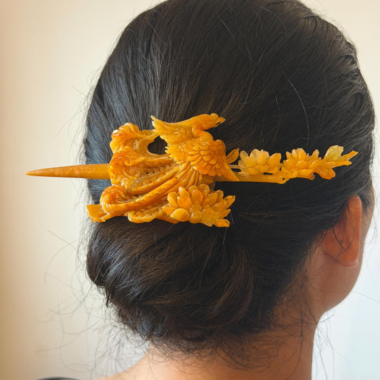 Xiu Jade (Serpentine) Hand Carved Fire Phoenix & Peony Hair Pin: Natural Certified Red Jade Hair Stick | Asian Chinese Vintage Style gift for her hand carved phoenix carving hand engraved phoenix hair stick phoenix carving red phoenix fire phoenix hair fork red jade yellow jade chinese jade with certificate rebirth transformation gift korean hair pin japanese hair stick hair fork hair comb hanfu hair stick peony carving with certificate handcrafted jade phoenix lover gift 3D stone carving