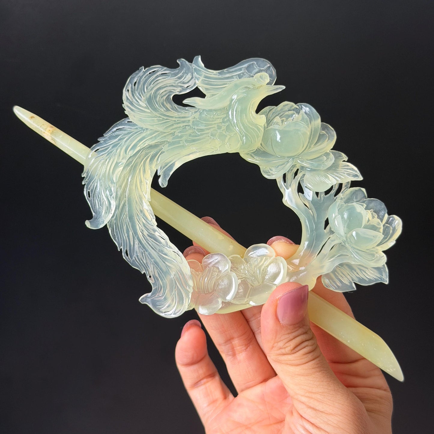 Xiu Jade Serpentine Hand Carved Phoenix & Peony Hair Pin: Certified Natural Ice Green Jade Hair Stick, Asian Vintage Hair Fork | Chinese Vintage Hanfu Antique Bridal Hair Fork Gift for her japanese hairpin korean hair stick chinese hair fork vintage hair comb antique hair pins hanfu hair stick bridal shower hair jewelry wedding headpiece engagement hair accessory jade carving hand engraved jade hand carved flower jade hairpins untreated natural jade with certificate phoenix carving peony carving