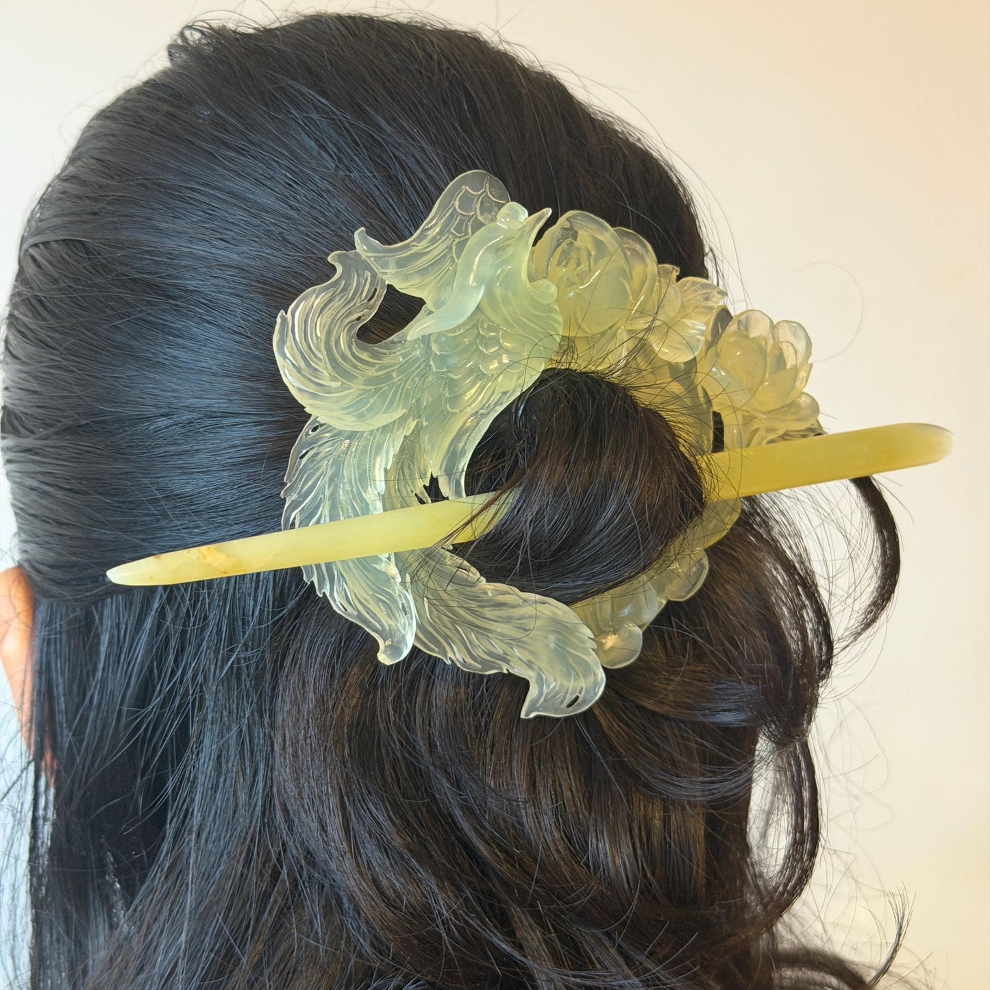 Xiu Jade Serpentine Hand Carved Phoenix & Peony Hair Pin: Certified Natural Ice Green Jade Hair Stick, Asian Vintage Hair Fork | Chinese Vintage Hanfu Antique Bridal Hair Fork Gift for her japanese hairpin korean hair stick chinese hair fork vintage hair comb antique hair pins hanfu hair stick bridal shower hair jewelry wedding headpiece engagement hair accessory jade carving hand engraved jade hand carved flower jade hairpins untreated natural jade with certificate phoenix carving peony carving