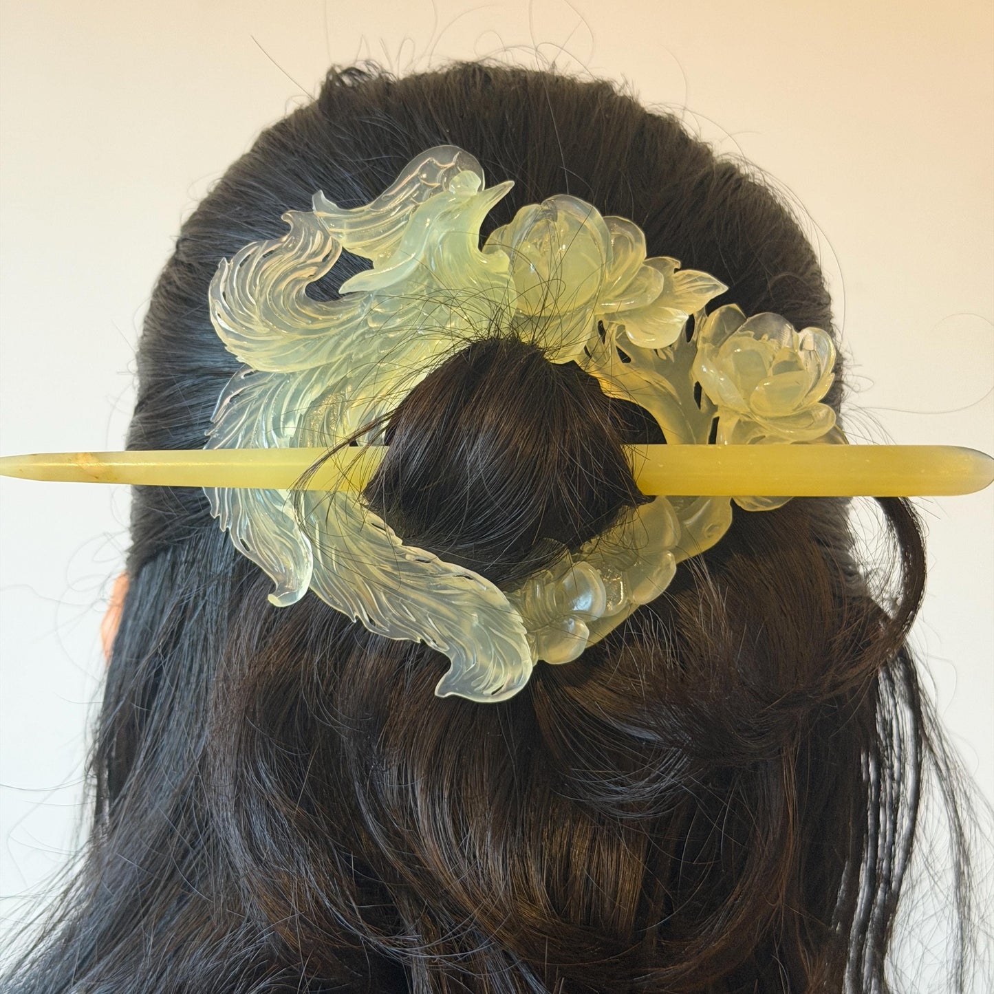 Xiu Jade Serpentine Hand Carved Phoenix & Peony Hair Pin: Certified Natural Ice Green Jade Hair Stick, Asian Vintage Hair Fork | Chinese Vintage Hanfu Antique Bridal Hair Fork Gift for her japanese hairpin korean hair stick chinese hair fork vintage hair comb antique hair pins hanfu hair stick bridal shower hair jewelry wedding headpiece engagement hair accessory jade carving hand engraved jade hand carved flower jade hairpins untreated natural jade with certificate phoenix carving peony carving