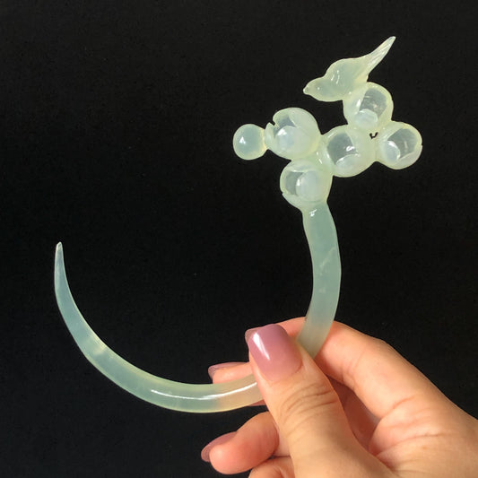 Xiu Jade Serpentine Crescent Moon Bird and Lily of Valley Flower Hair Stick: Green Jade Hand Carved Half Moon Hair Pin, Vintage Chinese Hair Fork with Certificate Bridal Wedding Headpiece Gift for her japanese hairpin korean hair stick chinese hair comb asian hair fork moon hair stick hair pins with dangle ice white jade carving Peony carving flower carving natural untreated jade with certificate bridal shower gift wedding hair accessory hair jewelry butterfly carving