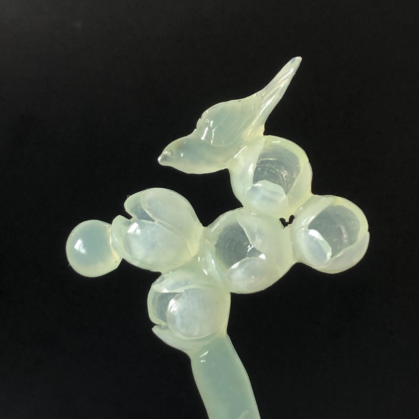 Xiu Jade Serpentine Crescent Moon Bird and Lily of Valley Flower Hair Stick: Green Jade Hand Carved Half Moon Hair Pin, Vintage Chinese Hair Fork with Certificate Bridal Wedding Headpiece Gift for her japanese hairpin korean hair stick chinese hair comb asian hair fork moon hair stick hair pins with dangle ice white jade carving Peony carving flower carving natural untreated jade with certificate bridal shower gift wedding hair accessory hair jewelry butterfly carving