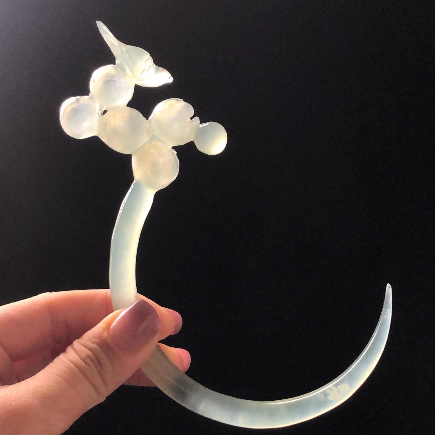 Xiu Jade Serpentine Crescent Moon Bird and Lily of Valley Flower Hair Stick: Green Jade Hand Carved Half Moon Hair Pin, Vintage Chinese Hair Fork with Certificate Bridal Wedding Headpiece Gift for her japanese hairpin korean hair stick chinese hair comb asian hair fork moon hair stick hair pins with dangle ice white jade carving Peony carving flower carving natural untreated jade with certificate bridal shower gift wedding hair accessory hair jewelry butterfly carving