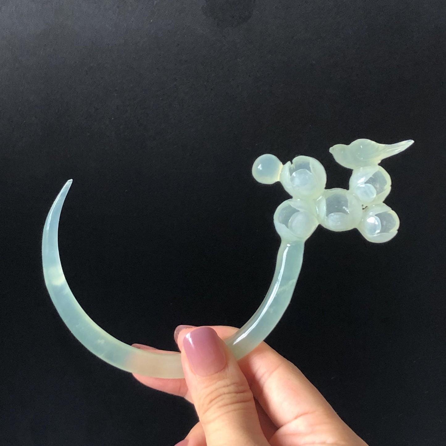 Xiu Jade Serpentine Crescent Moon Bird and Lily of Valley Flower Hair Stick: Green Jade Hand Carved Half Moon Hair Pin, Vintage Chinese Hair Fork with Certificate Bridal Wedding Headpiece Gift for her japanese hairpin korean hair stick chinese hair comb asian hair fork moon hair stick hair pins with dangle ice white jade carving Peony carving flower carving natural untreated jade with certificate bridal shower gift wedding hair accessory hair jewelry butterfly carving