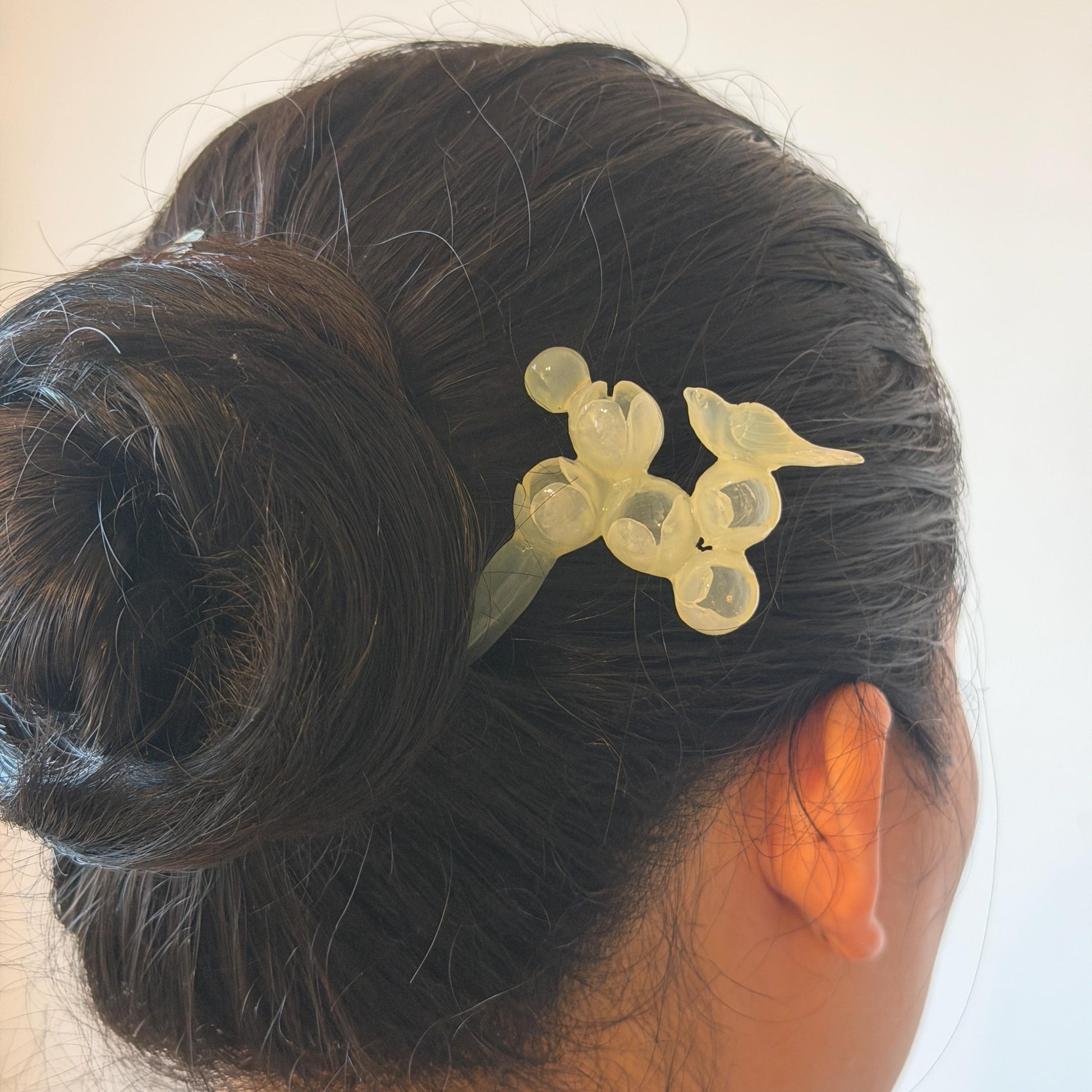 Xiu Jade Serpentine Crescent Moon Bird and Lily of Valley Flower Hair Stick: Green Jade Hand Carved Half Moon Hair Pin, Vintage Chinese Hair Fork with Certificate Bridal Wedding Headpiece Gift for her japanese hairpin korean hair stick chinese hair comb asian hair fork moon hair stick hair pins with dangle ice white jade carving Peony carving flower carving natural untreated jade with certificate bridal shower gift wedding hair accessory hair jewelry butterfly carving