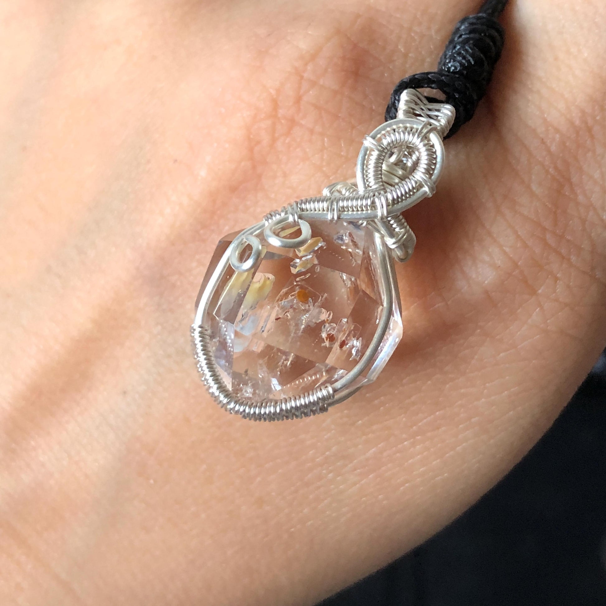 Polished Petroleum Golden Enhydro Quartz Small Pendant Adjustable Choker Necklace: Rainbow! Red Petroleum & Yellow Liquid Inclusion Crystal UV reactive  | Natural Gemstone Birthstone Gift for her golden red oil enhydro quartz manifestation quartz yellow inclusion oil inclusion crystal wire wrapped pendant choker necklace enhydro crystal rainbow quartz child quartz chakra crystal meditation stone Fluorescent minerals specimen