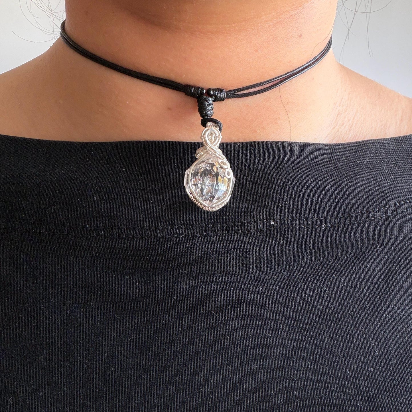 Polished Petroleum Golden Enhydro Quartz Small Pendant Adjustable Choker Necklace: Rainbow! Red Petroleum & Yellow Liquid Inclusion Crystal UV reactive  | Natural Gemstone Birthstone Gift for her golden red oil enhydro quartz manifestation quartz yellow inclusion oil inclusion crystal wire wrapped pendant choker necklace enhydro crystal rainbow quartz child quartz chakra crystal meditation stone Fluorescent minerals specimen