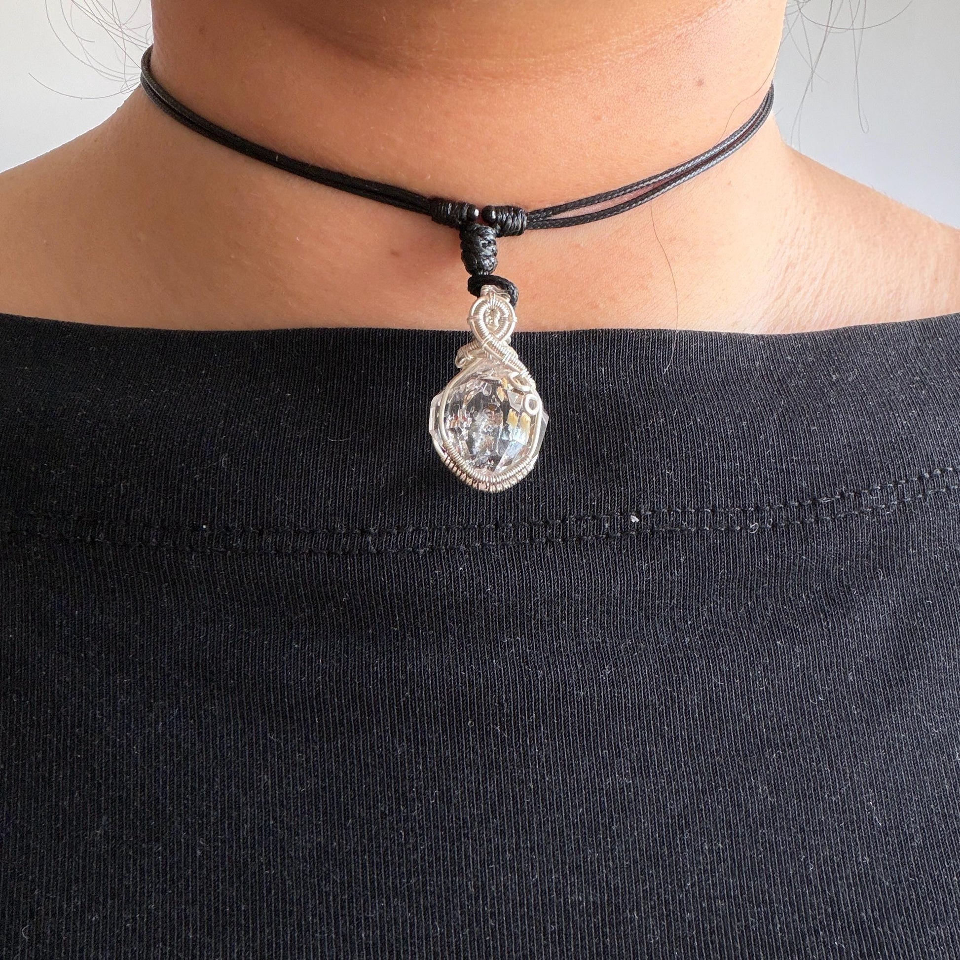 Polished Petroleum Golden Enhydro Quartz Small Pendant Adjustable Choker Necklace: Rainbow! Red Petroleum & Yellow Liquid Inclusion Crystal UV reactive  | Natural Gemstone Birthstone Gift for her golden red oil enhydro quartz manifestation quartz yellow inclusion oil inclusion crystal wire wrapped pendant choker necklace enhydro crystal rainbow quartz child quartz chakra crystal meditation stone Fluorescent minerals specimen