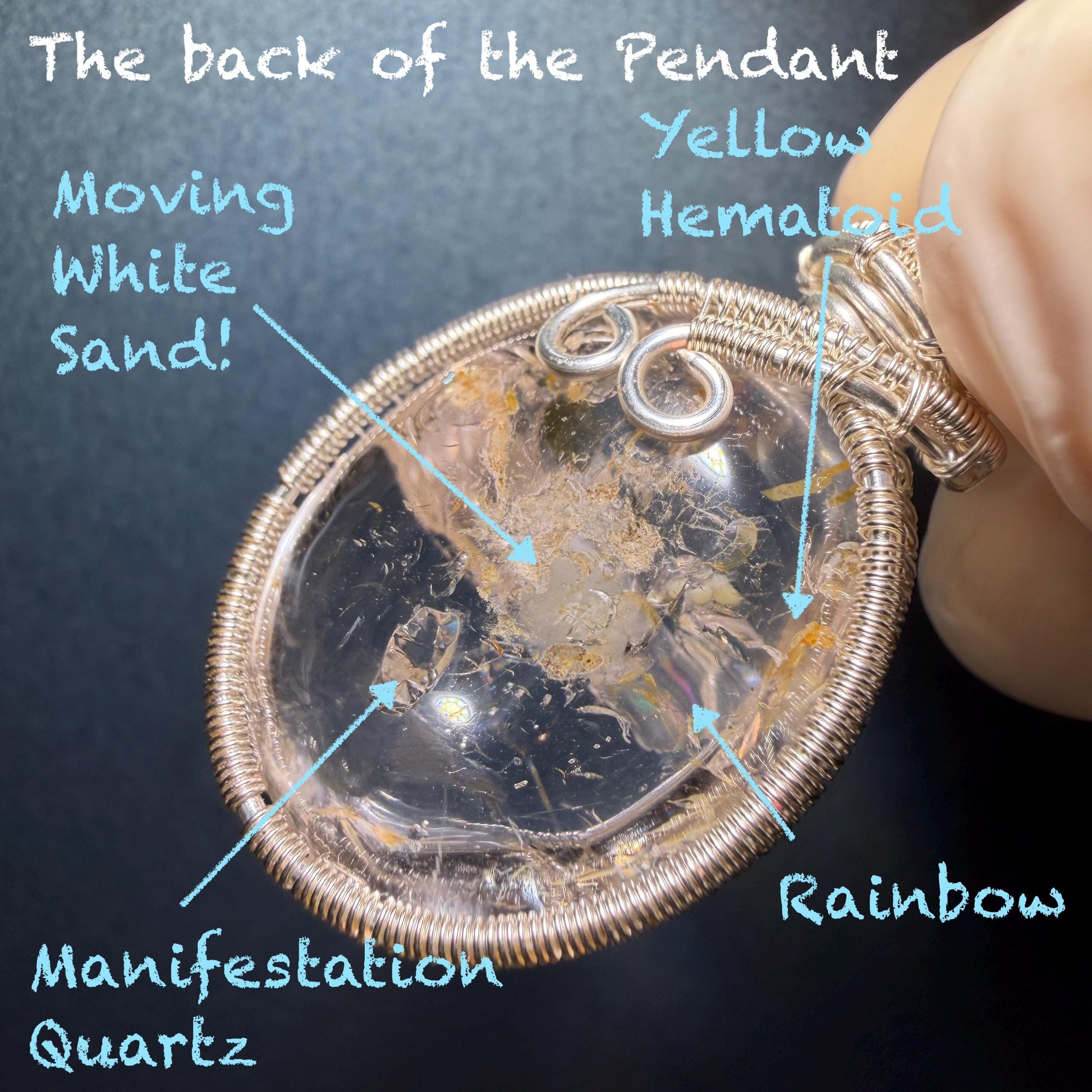 Rare Found! Polished Enhydro Golden Healer Quartz Cabochon Pendant Adjustable Necklace: Rainbow! Moving White Sand & Bubble Yellow Hematoid Inclusion and Manifestations Quartz Crystal | Natural Gemstone Birthstone Gift for her Birthstone enhydro quartz sand water-fall  choker gemstone charm stone pendant choker polished stone pendant crystal charm birthstone men necklace chakra crystal healing stone minerals specimen adjustable choker rainbow quartz mica flakes silver wire wrapped pendant
