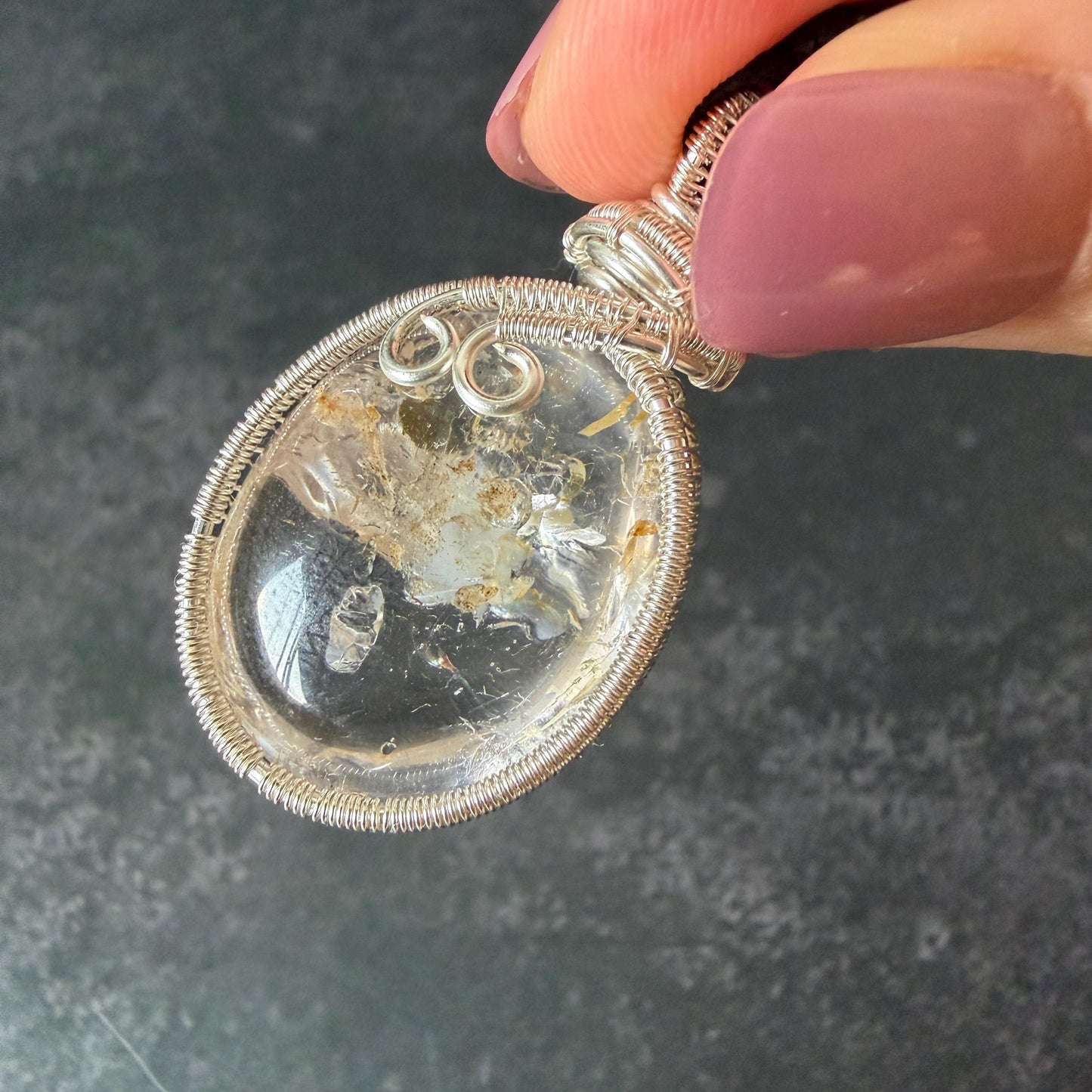Rare Found! Polished Enhydro Golden Healer Quartz Cabochon Pendant Adjustable Necklace: Rainbow! Moving White Sand & Bubble Yellow Hematoid Inclusion and Manifestations Quartz Crystal | Natural Gemstone Birthstone Gift for her Birthstone enhydro quartz sand water-fall  choker gemstone charm stone pendant choker polished stone pendant crystal charm birthstone men necklace chakra crystal healing stone minerals specimen adjustable choker rainbow quartz mica flakes silver wire wrapped pendant