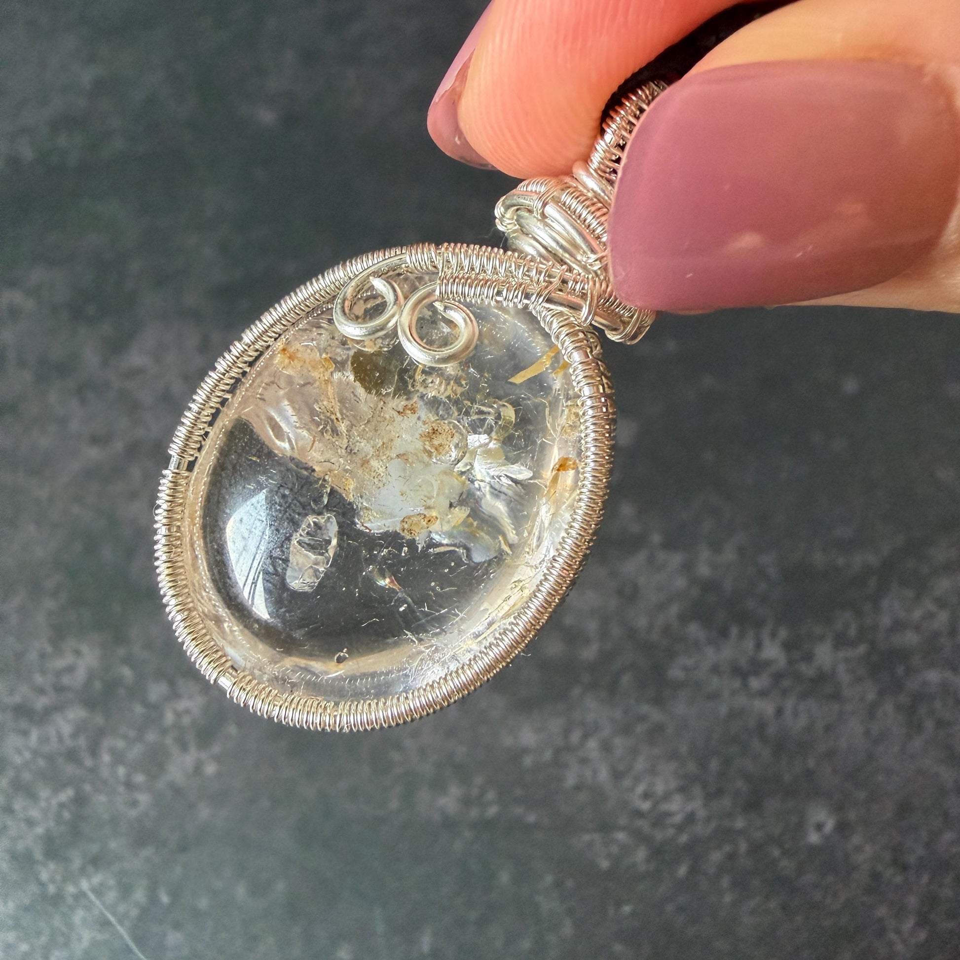 Rare Found! Polished Enhydro Golden Healer Quartz Cabochon Pendant Adjustable Necklace: Rainbow! Moving White Sand & Bubble Yellow Hematoid Inclusion and Manifestations Quartz Crystal | Natural Gemstone Birthstone Gift for her Birthstone enhydro quartz sand water-fall  choker gemstone charm stone pendant choker polished stone pendant crystal charm birthstone men necklace chakra crystal healing stone minerals specimen adjustable choker rainbow quartz mica flakes silver wire wrapped pendant