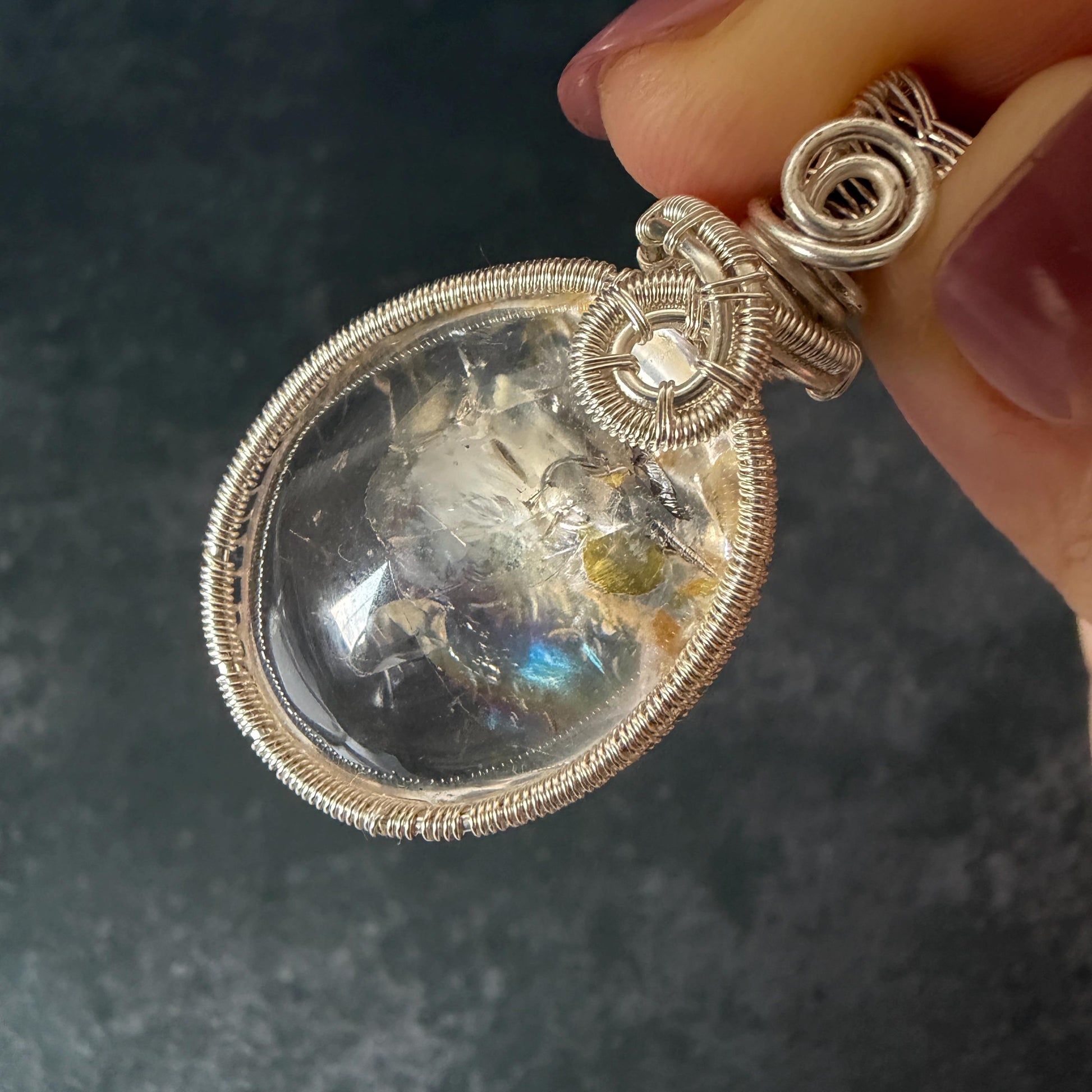 Rare Found! Polished Enhydro Golden Healer Quartz Cabochon Pendant Adjustable Necklace: Rainbow! Moving White Sand & Bubble Yellow Hematoid Inclusion and Manifestations Quartz Crystal | Natural Gemstone Birthstone Gift for her Birthstone enhydro quartz sand water-fall  choker gemstone charm stone pendant choker polished stone pendant crystal charm birthstone men necklace chakra crystal healing stone minerals specimen adjustable choker rainbow quartz mica flakes silver wire wrapped pendant