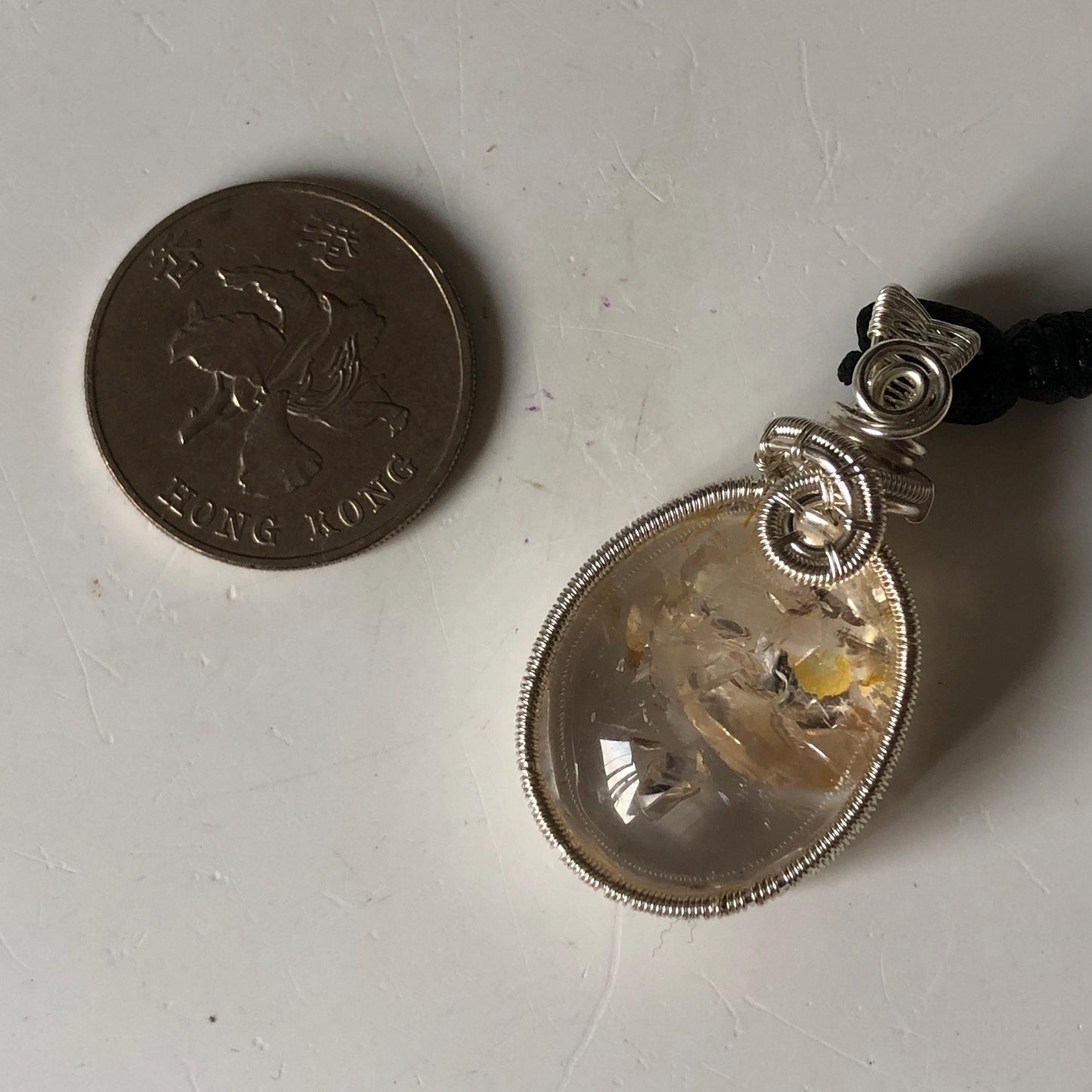 Rare Found! Polished Enhydro Golden Healer Quartz Cabochon Pendant Adjustable Necklace: Rainbow! Moving White Sand & Bubble Yellow Hematoid Inclusion and Manifestations Quartz Crystal | Natural Gemstone Birthstone Gift for her Birthstone enhydro quartz sand water-fall  choker gemstone charm stone pendant choker polished stone pendant crystal charm birthstone men necklace chakra crystal healing stone minerals specimen adjustable choker rainbow quartz mica flakes silver wire wrapped pendant
