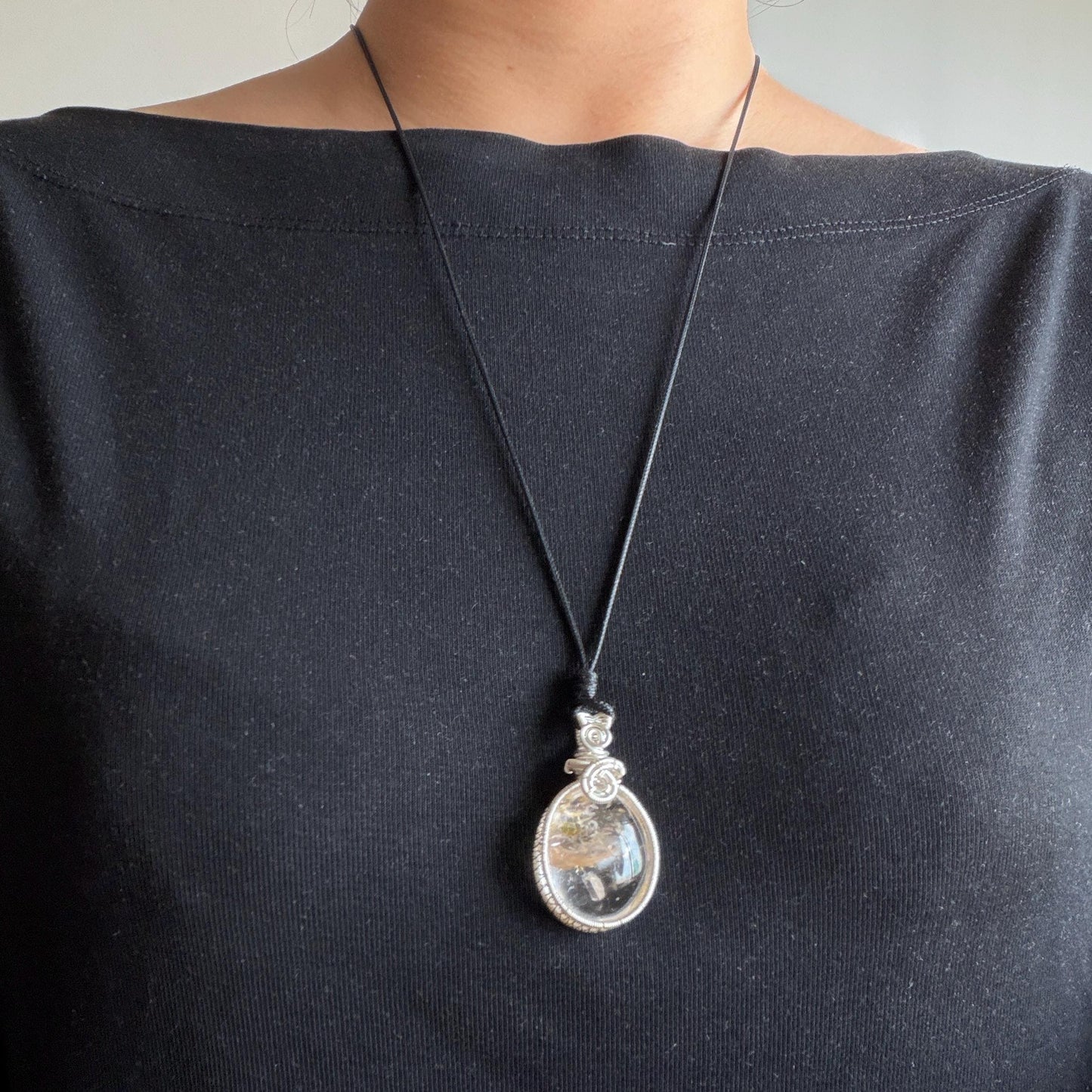 Rare Found! Polished Enhydro Golden Healer Quartz Cabochon Pendant Adjustable Necklace: Rainbow! Moving White Sand & Bubble Yellow Hematoid Inclusion and Manifestations Quartz Crystal | Natural Gemstone Birthstone Gift for her Birthstone enhydro quartz sand water-fall  choker gemstone charm stone pendant choker polished stone pendant crystal charm birthstone men necklace chakra crystal healing stone minerals specimen adjustable choker rainbow quartz mica flakes silver wire wrapped pendant