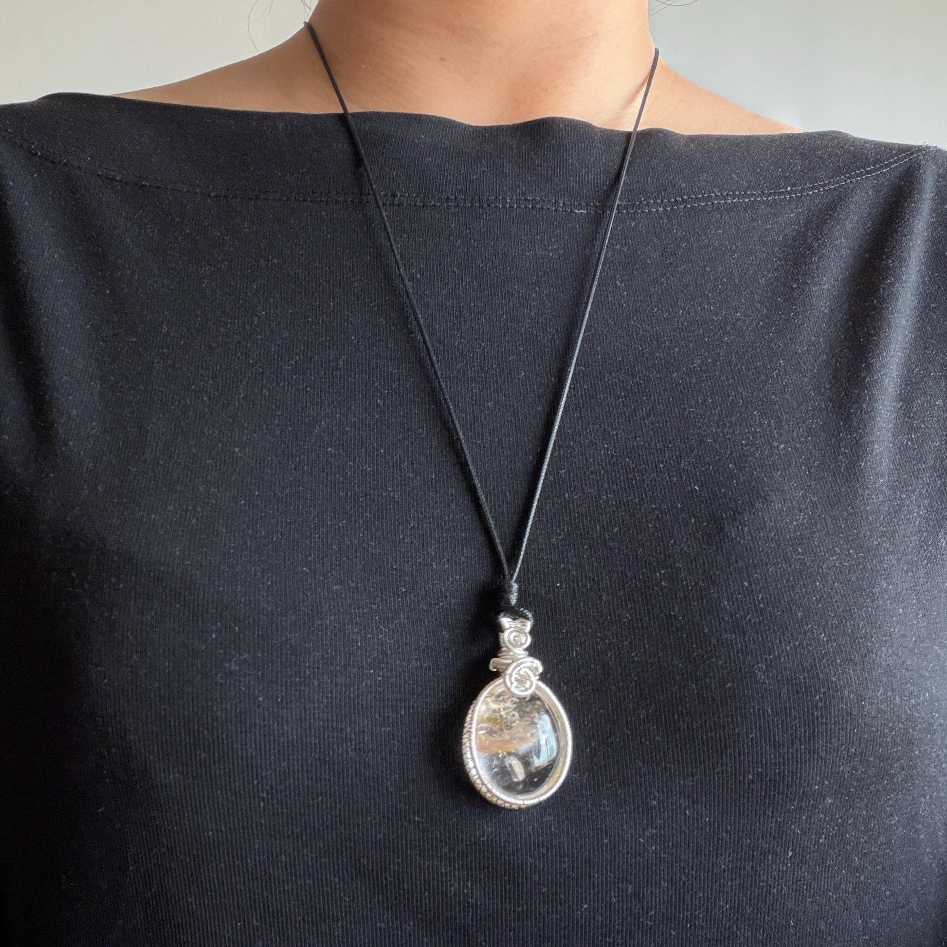 Rare Found! Polished Enhydro Golden Healer Quartz Cabochon Pendant Adjustable Necklace: Rainbow! Moving White Sand & Bubble Yellow Hematoid Inclusion and Manifestations Quartz Crystal | Natural Gemstone Birthstone Gift for her Birthstone enhydro quartz sand water-fall  choker gemstone charm stone pendant choker polished stone pendant crystal charm birthstone men necklace chakra crystal healing stone minerals specimen adjustable choker rainbow quartz mica flakes silver wire wrapped pendant
