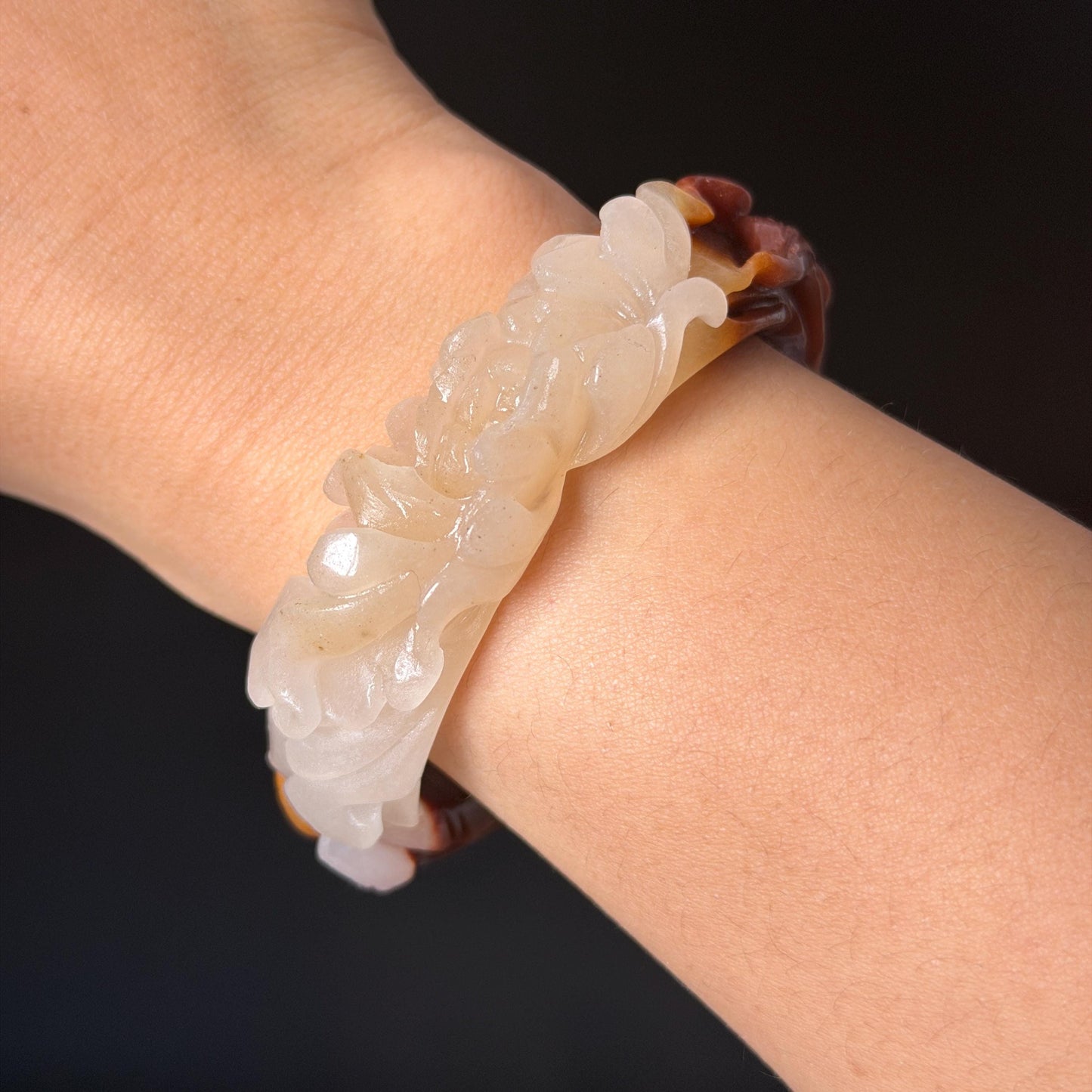 48-70mm! Custom Size Golden Silk Jade (Quartzose) Hand Carved Nine-tailed Fox & Peony Flower Bangle Natural Untreated White Red Jade Handcrafted Stone Bracelet make to order tailor made bracelet fox carving fox lover gift red jade white jade chinese jade multicolor jade antique jade bracelet vintage jade bangle 3D stone carving animals carving hand engraved gemstone bangle for women customized bracelet handmade bangle nine tail fox carving gift for her peony carving flower carving