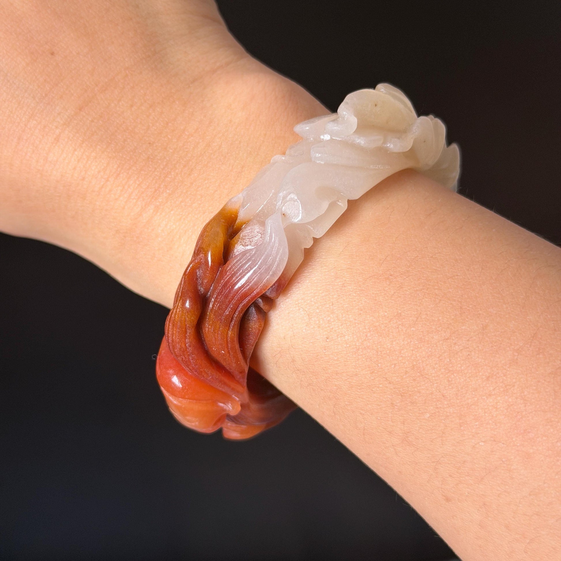 48-70mm! Custom Size Golden Silk Jade (Quartzose) Hand Carved Nine-tailed Fox & Peony Flower Bangle Natural Untreated White Red Jade Handcrafted Stone Bracelet make to order tailor made bracelet fox carving fox lover gift red jade white jade chinese jade multicolor jade antique jade bracelet vintage jade bangle 3D stone carving animals carving hand engraved gemstone bangle for women customized bracelet handmade bangle nine tail fox carving gift for her peony carving flower carving